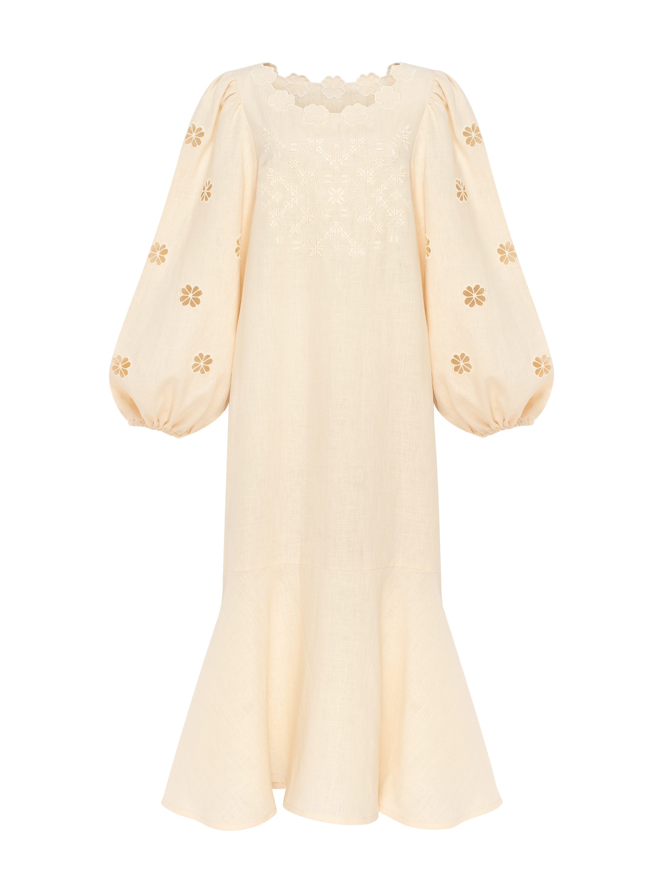 Bridal Beige Linen Embroidered Dress with Applied Floral Detail – Yasmin