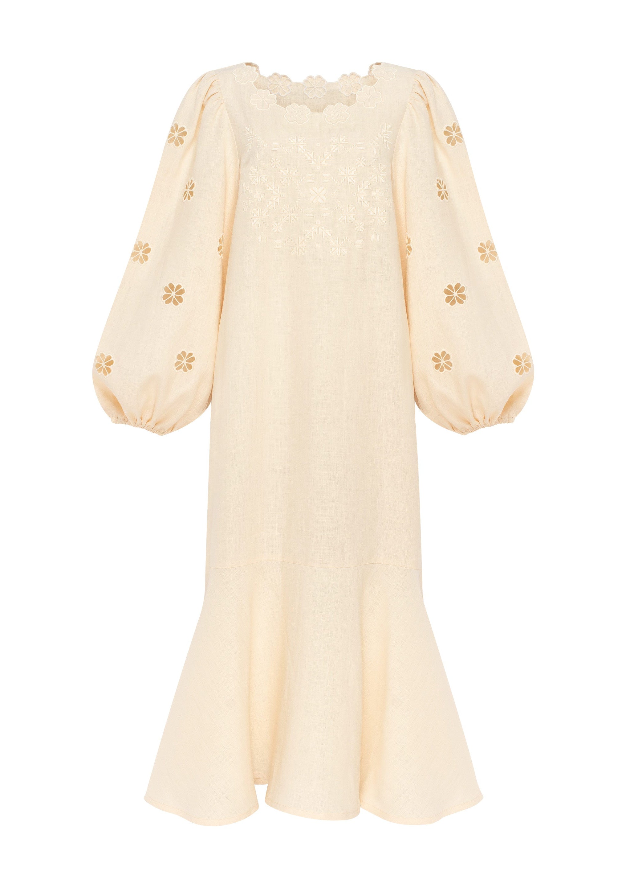 Bridal Beige Linen Embroidered Dress with Applied Floral Detail – Yasmin