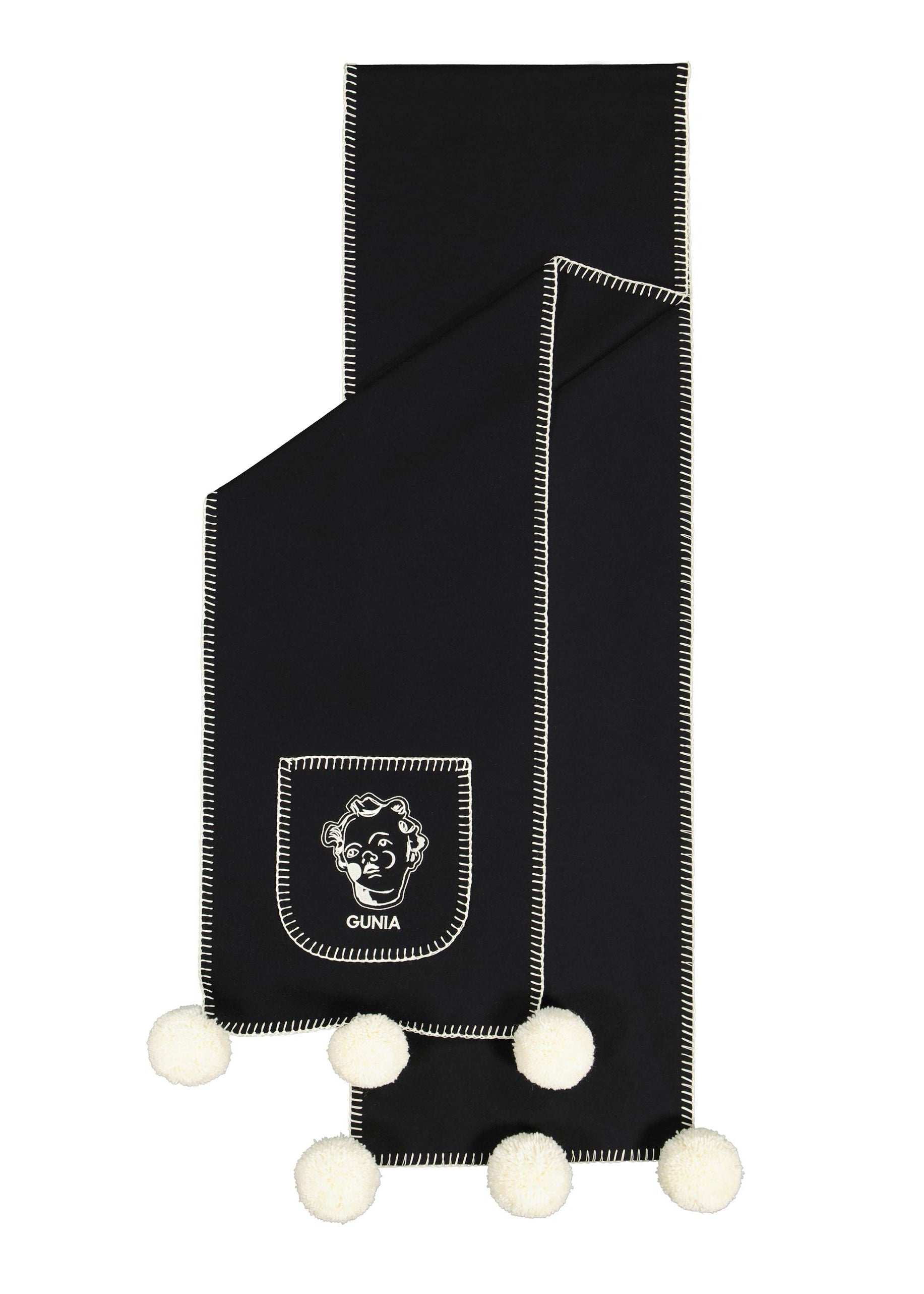 Șal negru din lână cu pompoane