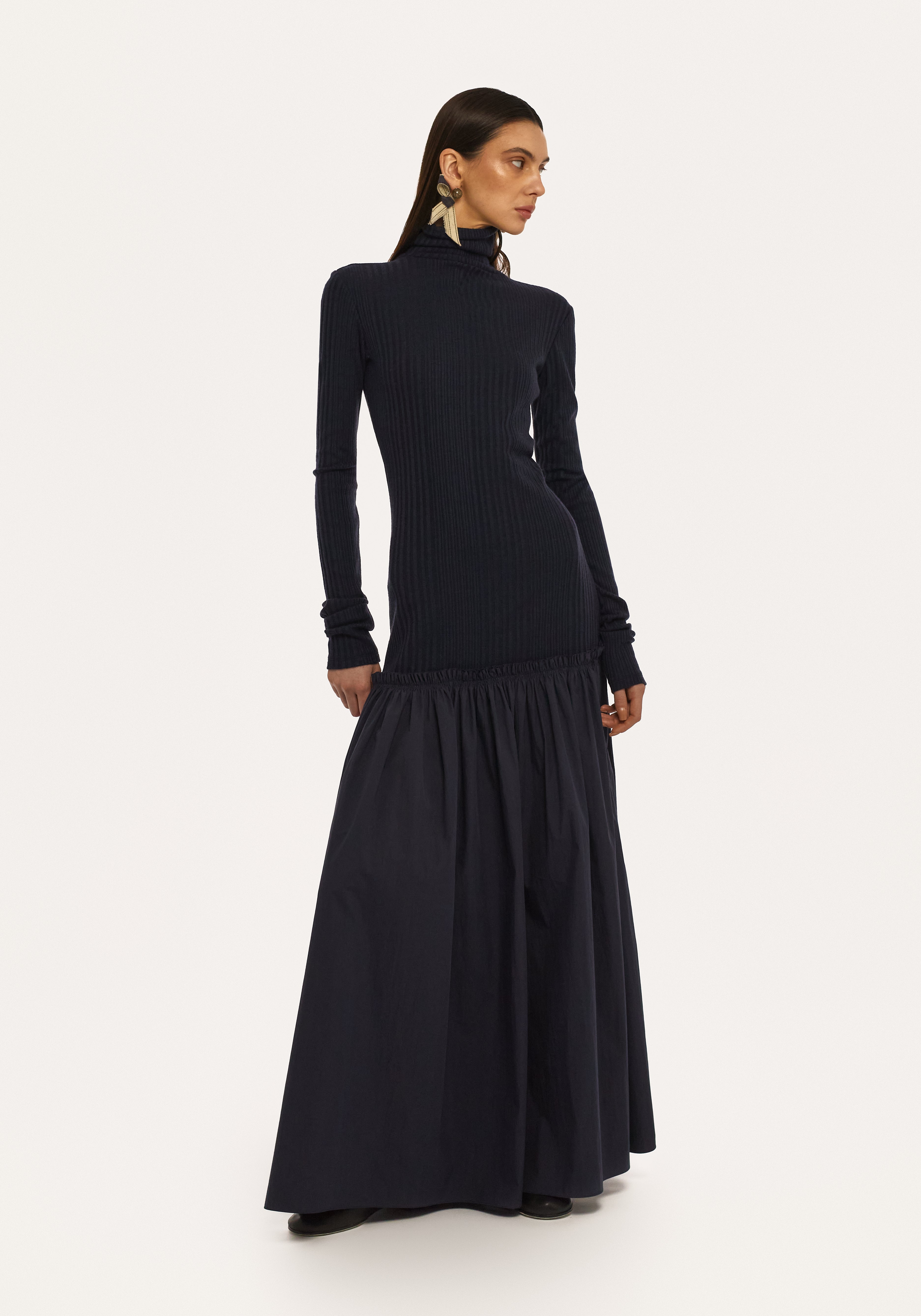 Dark Blue Tulle Skirt Dress with Knit Top and Buttons