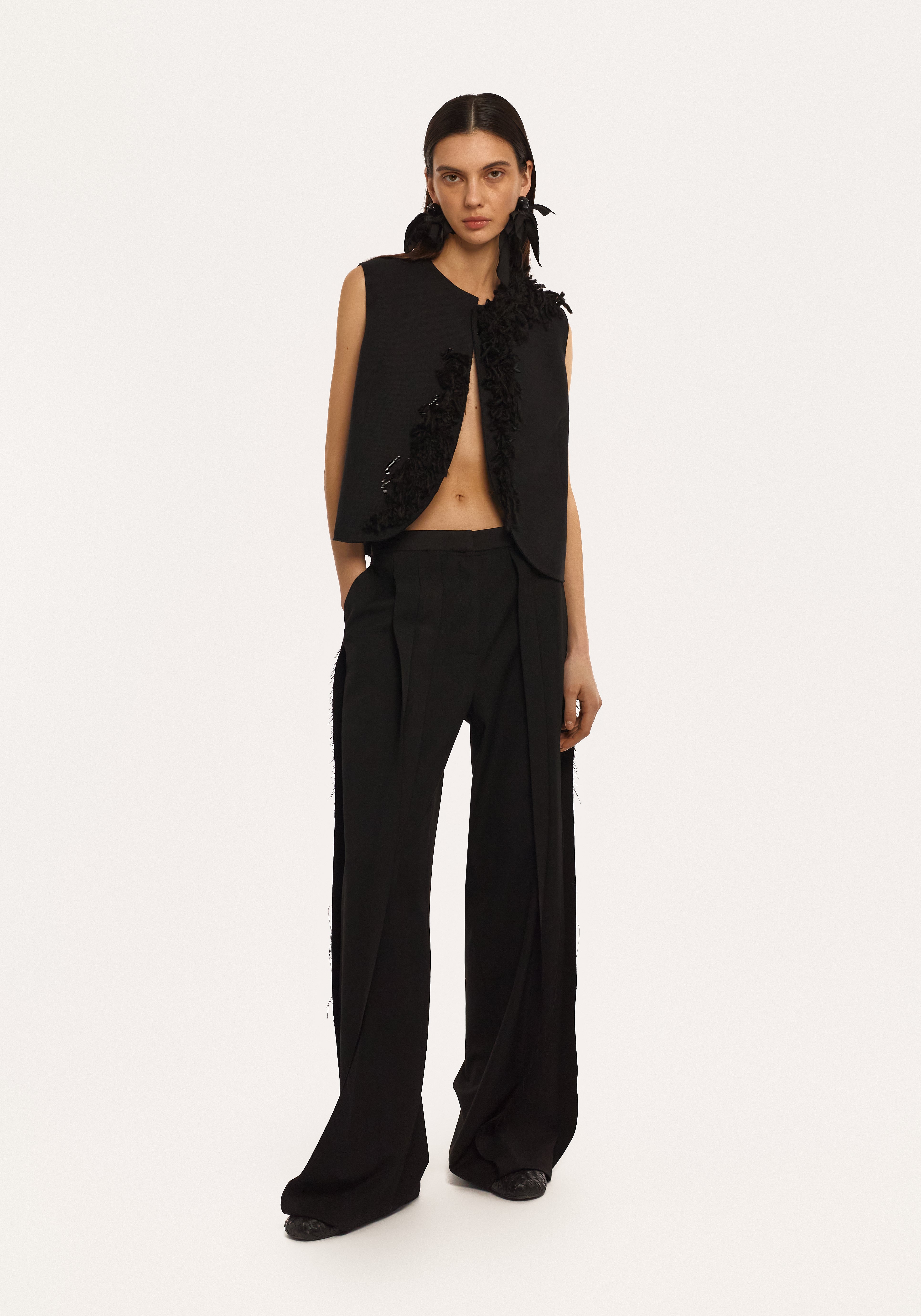 Black Pleated Wide-Leg Trousers with Raw Edges