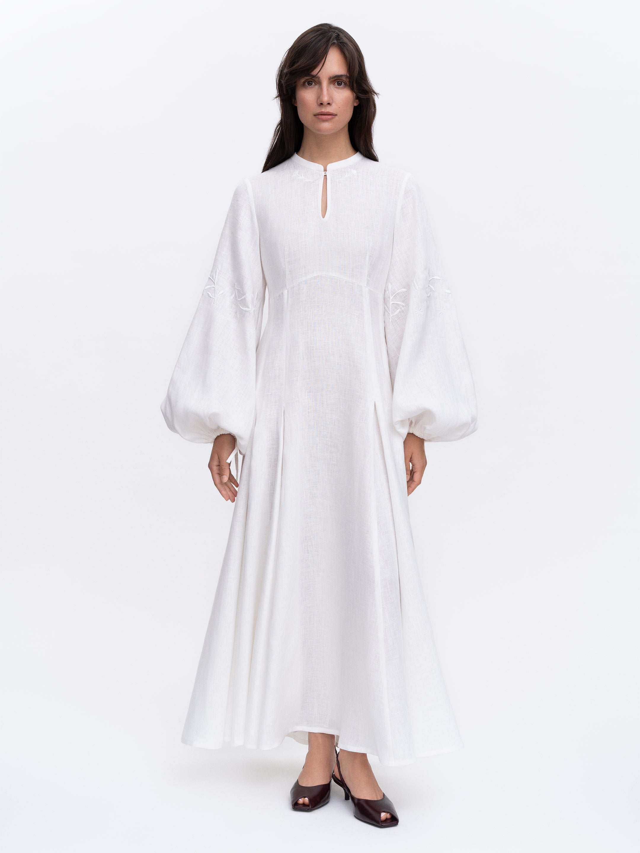 Bridal Linen Dress in Pure White with Embroidered Accents – Dew