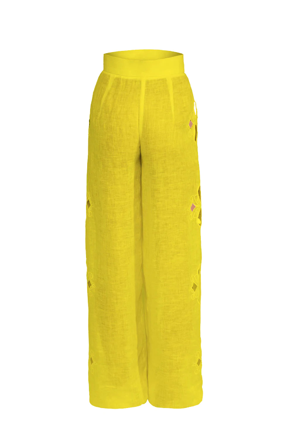 Pantaloni lungi galbeni din in cu decupaje