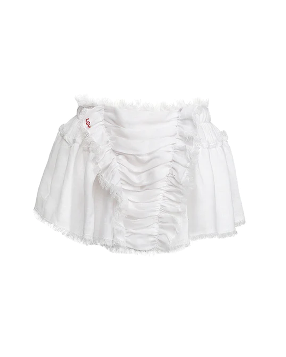 Fustă mini albă din in cu volănașe