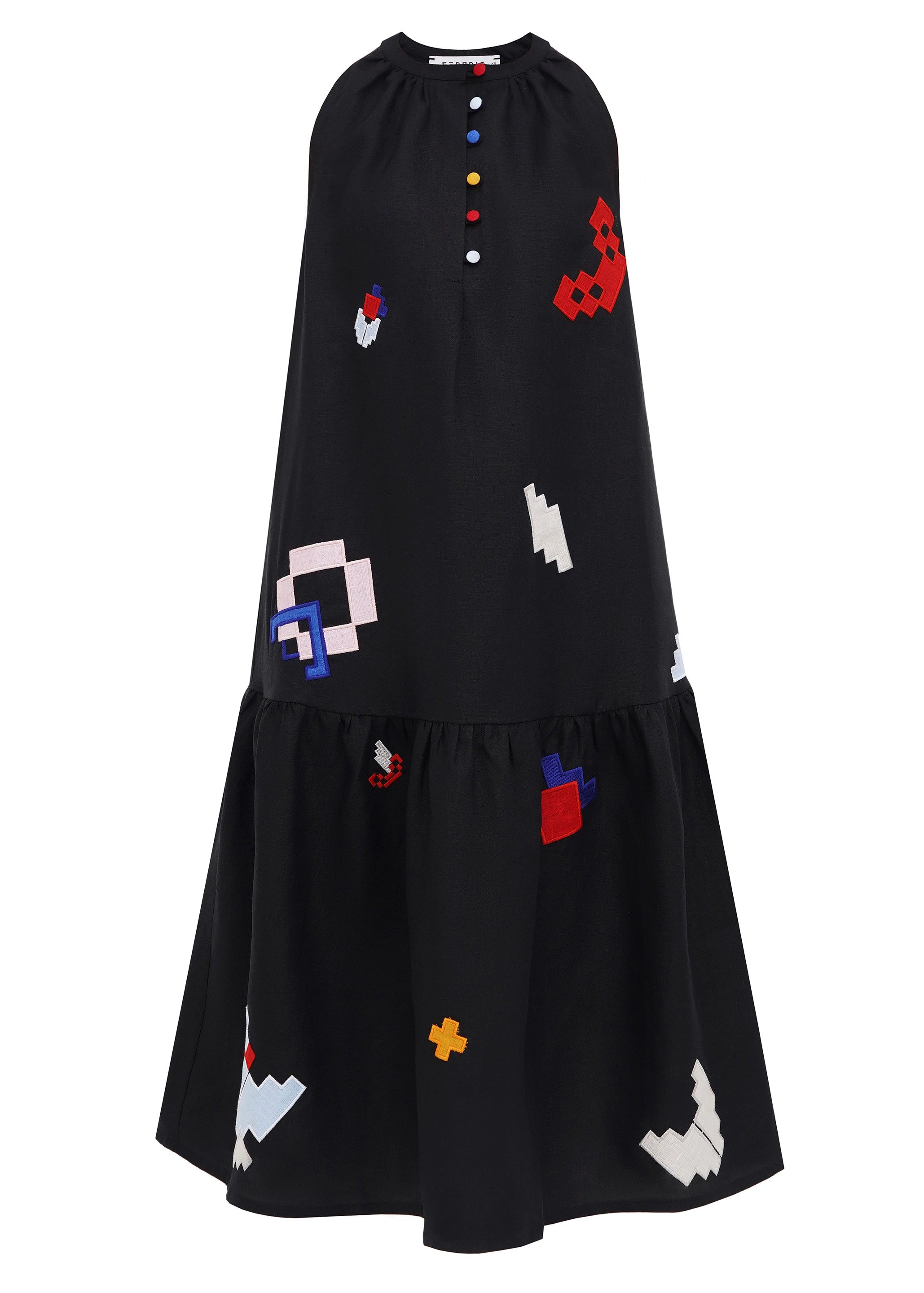 Rochia Eva de vară din in negru cu aplicatii colorate