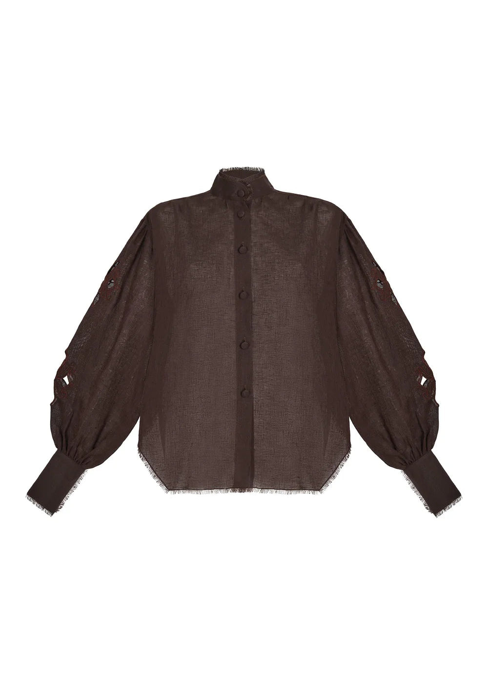 Brown Linen Shirt with Embroidered Long Sleeves