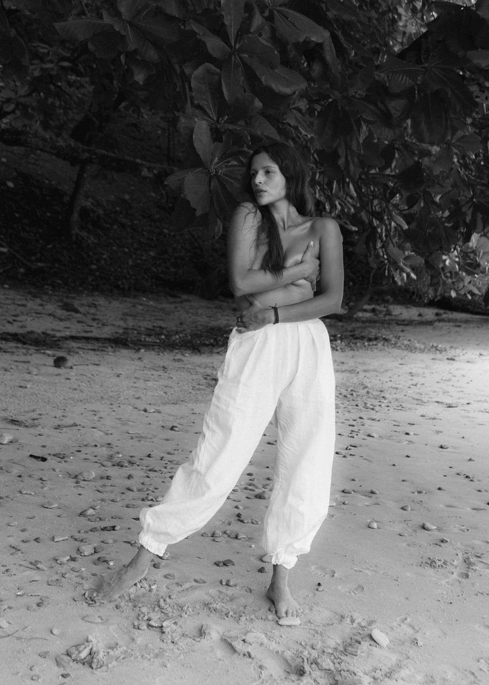 Pantaloni lungi albi de in cu talie inaltă Elemental