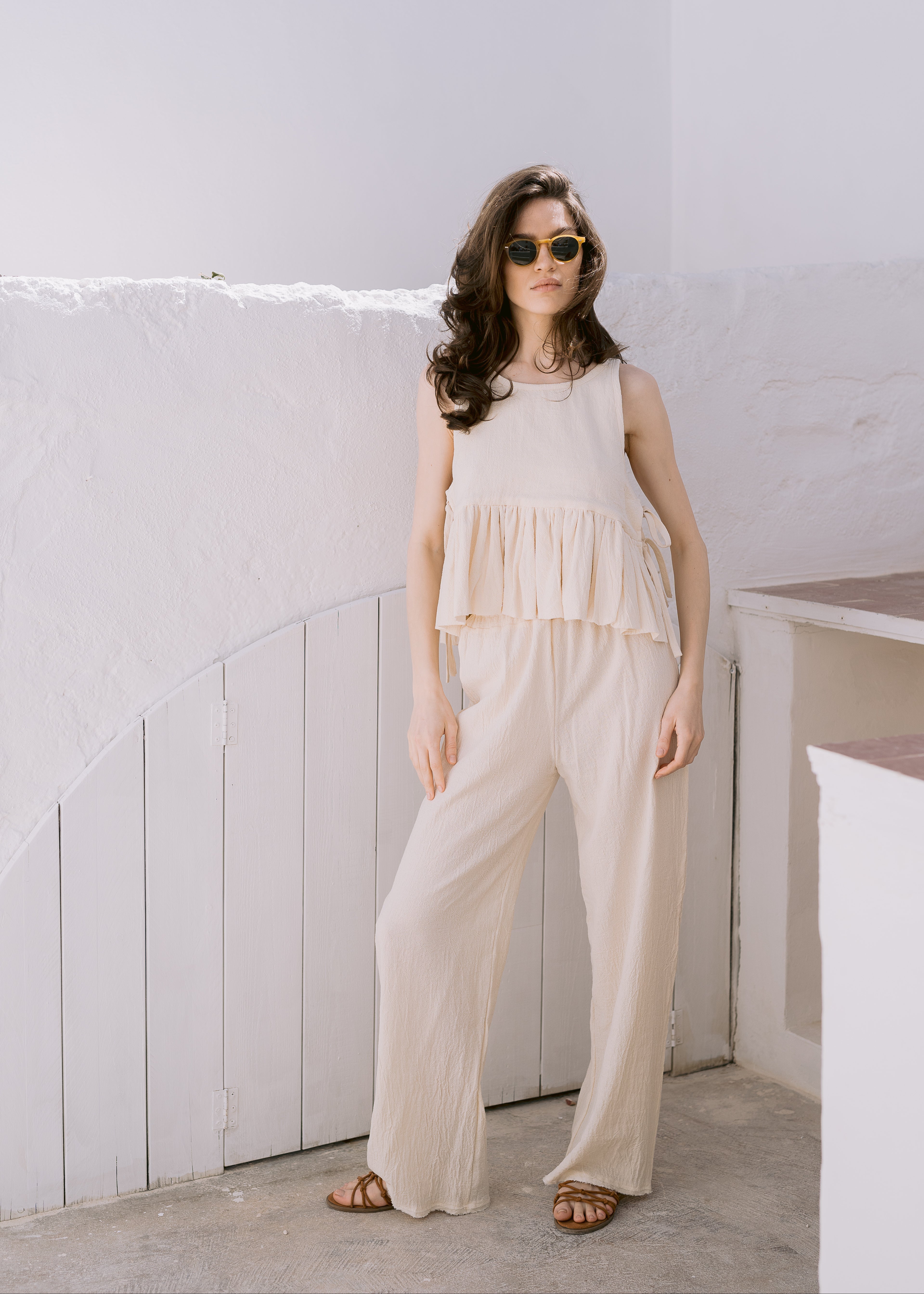 Pantaloni lungi Lucina cu talie inalta din bumbac natural