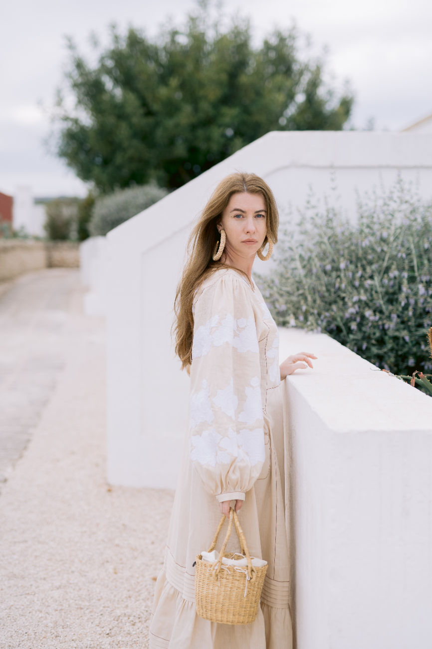 Embroidered Linen Midi Dress with Floral Details – Flora