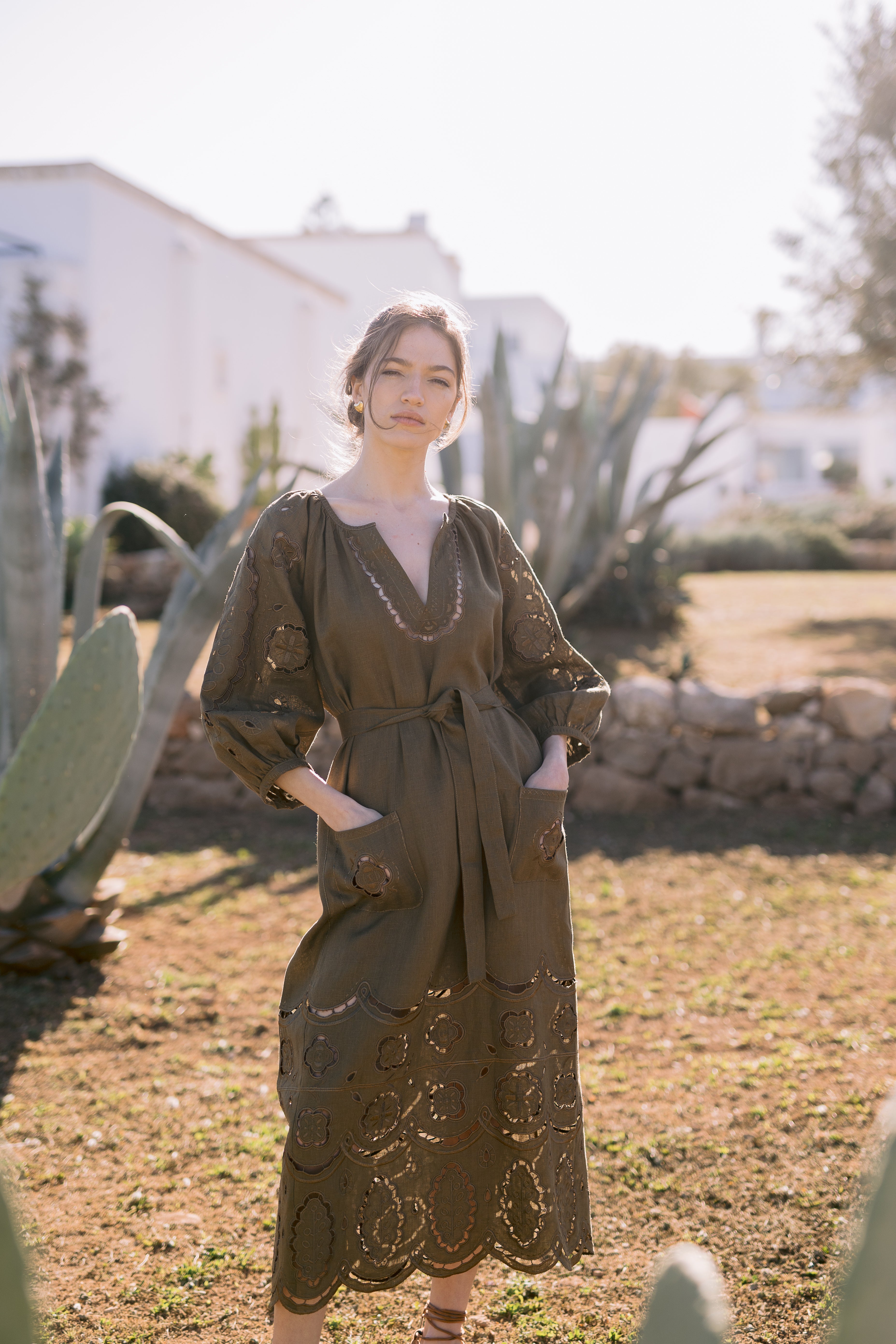 Embroidered midi linen green olive dress with ornaments Laetitia