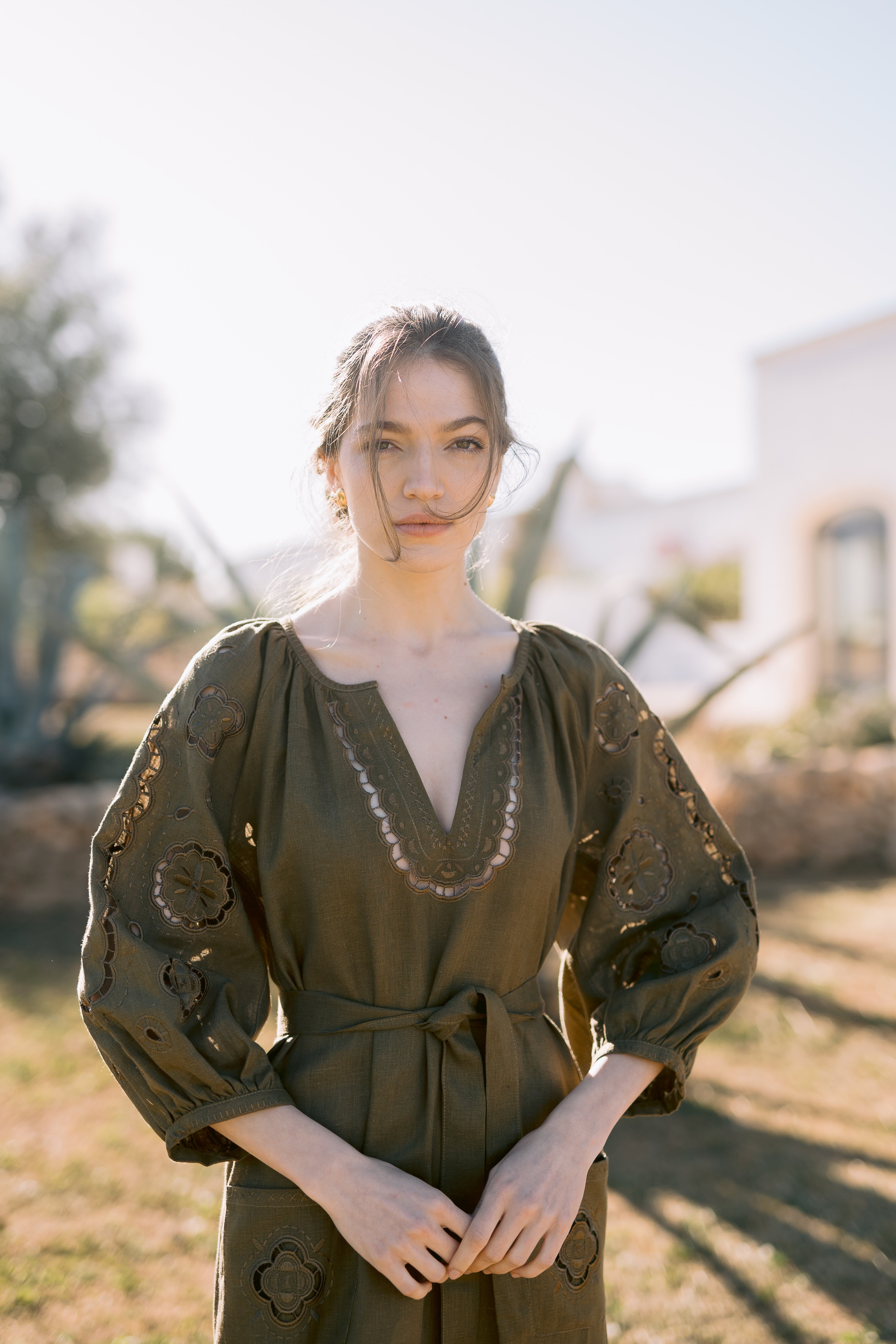 Embroidered midi linen green olive dress with ornaments Laetitia