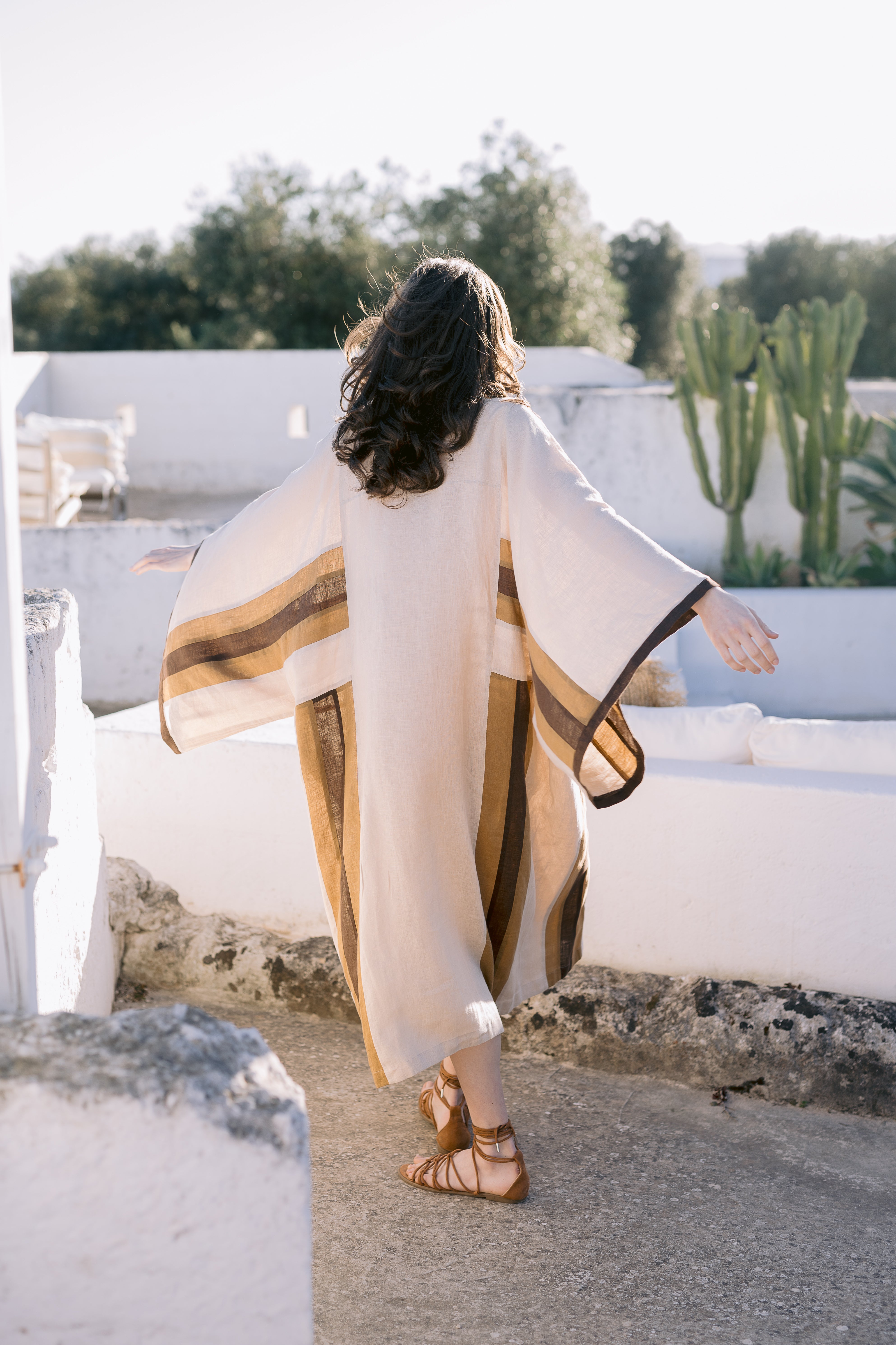 Embroidered Maxi Linen Kimono brown stripes – Tamara