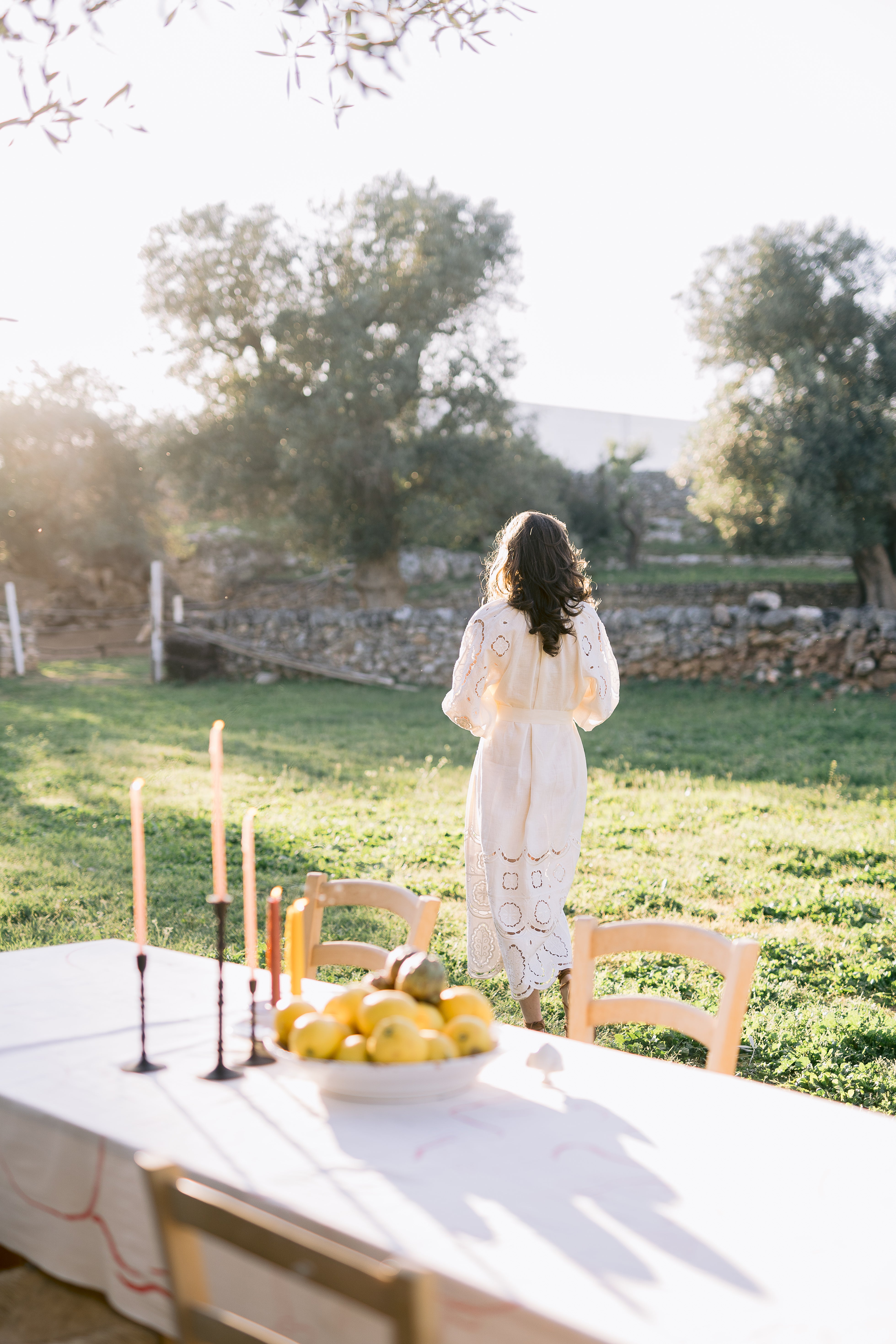 Embroidered midi linen ivrory dress with ornaments Laetitia