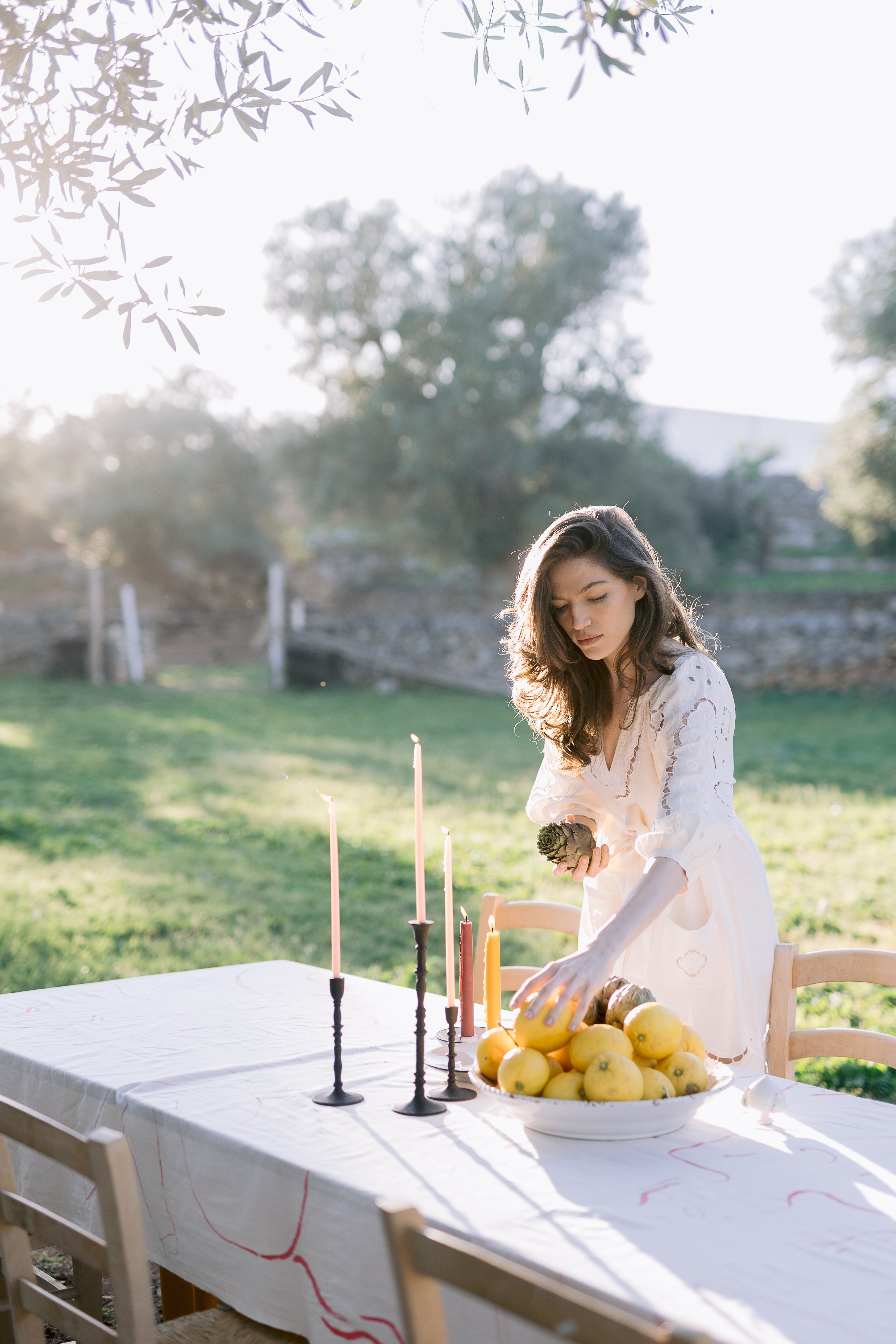 Embroidered midi linen ivrory dress with ornaments Laetitia