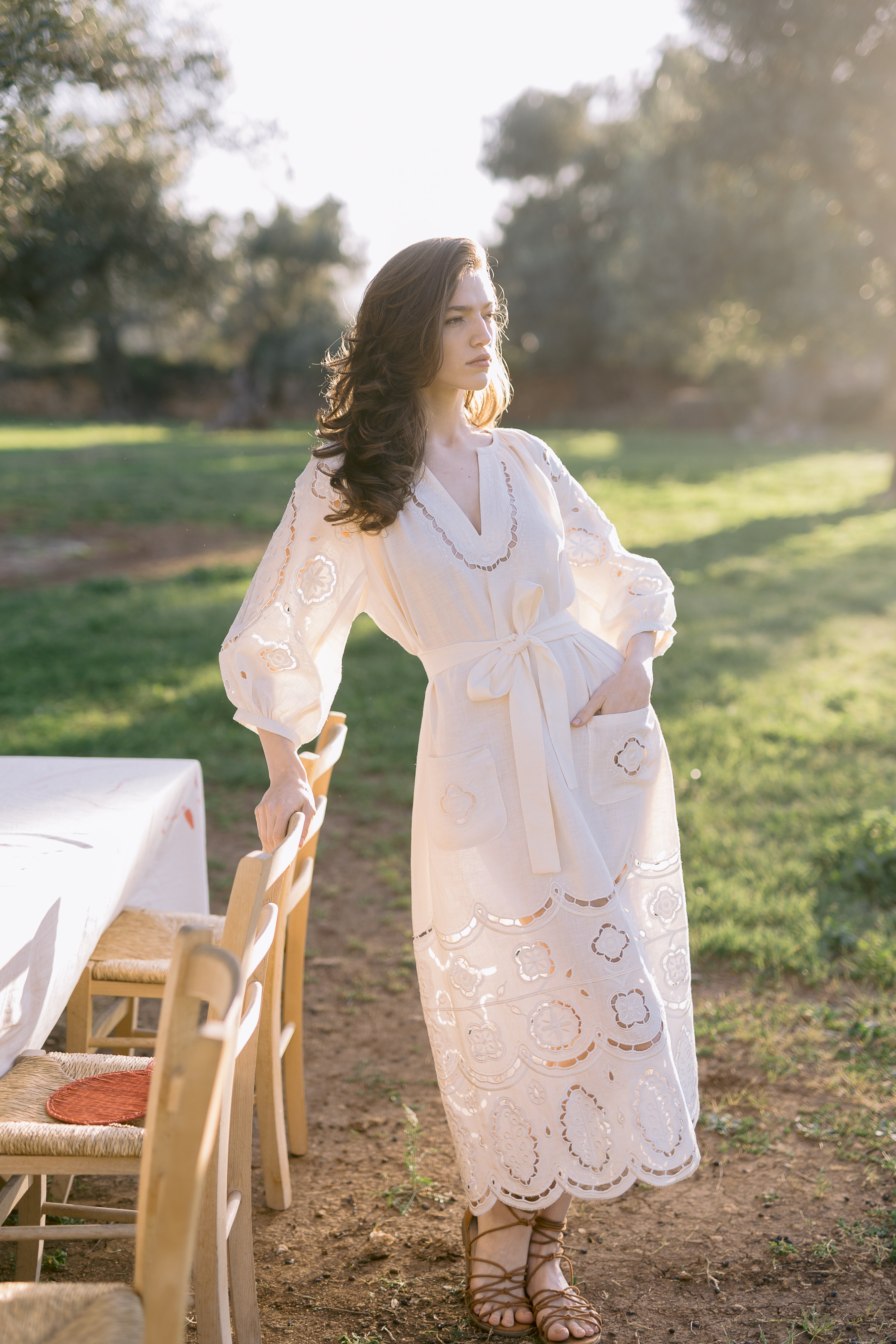 Embroidered midi linen ivrory dress with ornaments Laetitia