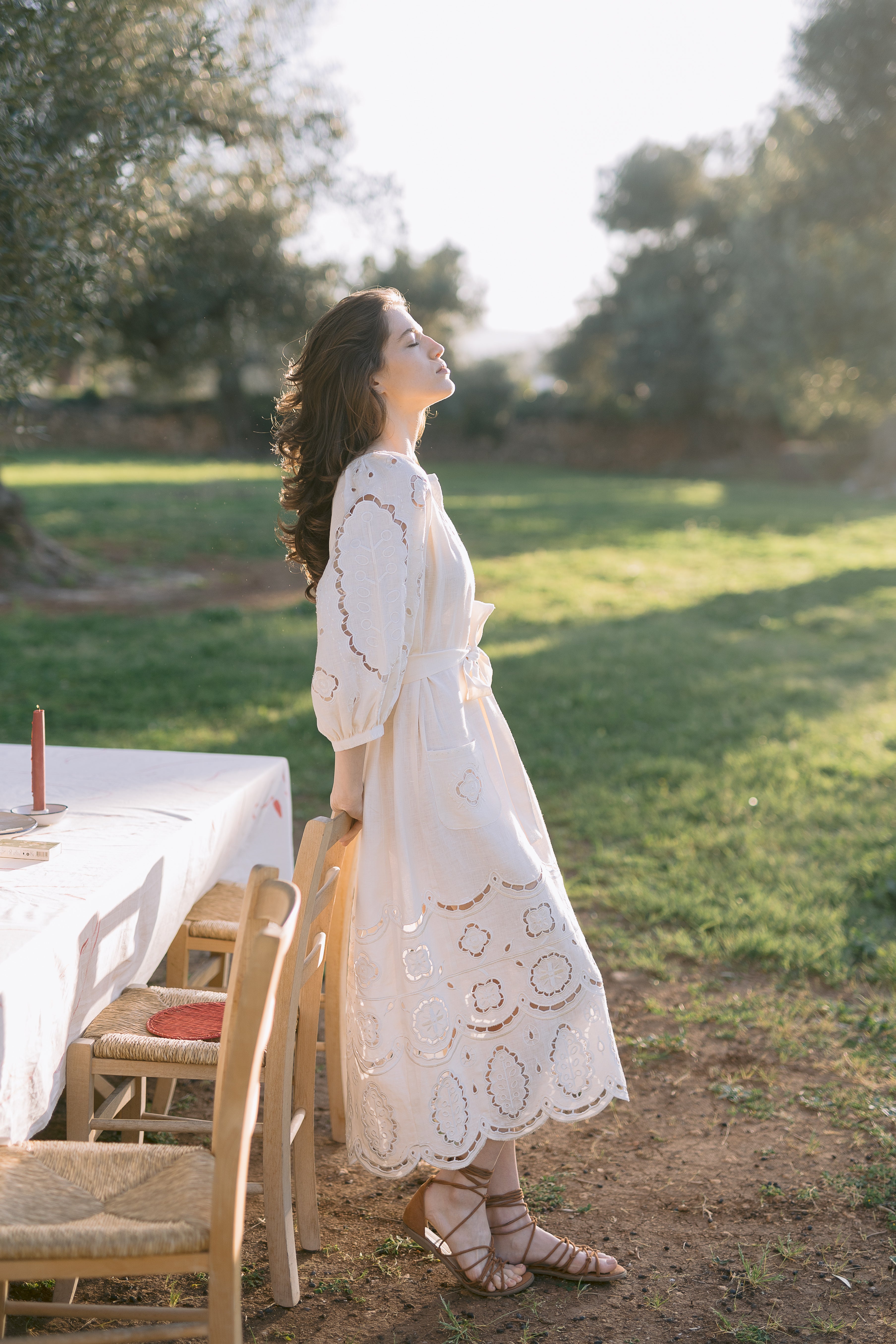 Embroidered midi linen ivrory dress with ornaments Laetitia