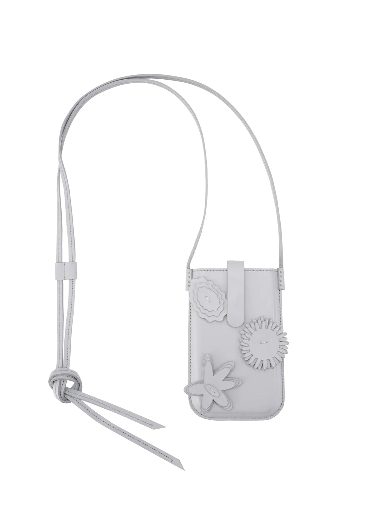 Light gray phone pouch with floral designs on a white background