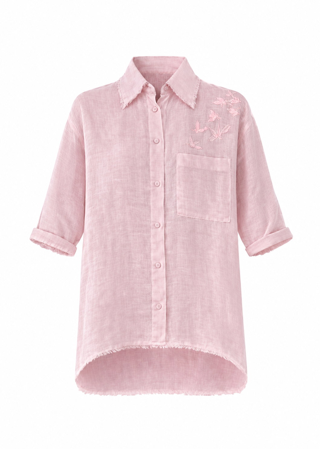 Pink Linen Shirt with Bird Embroidery