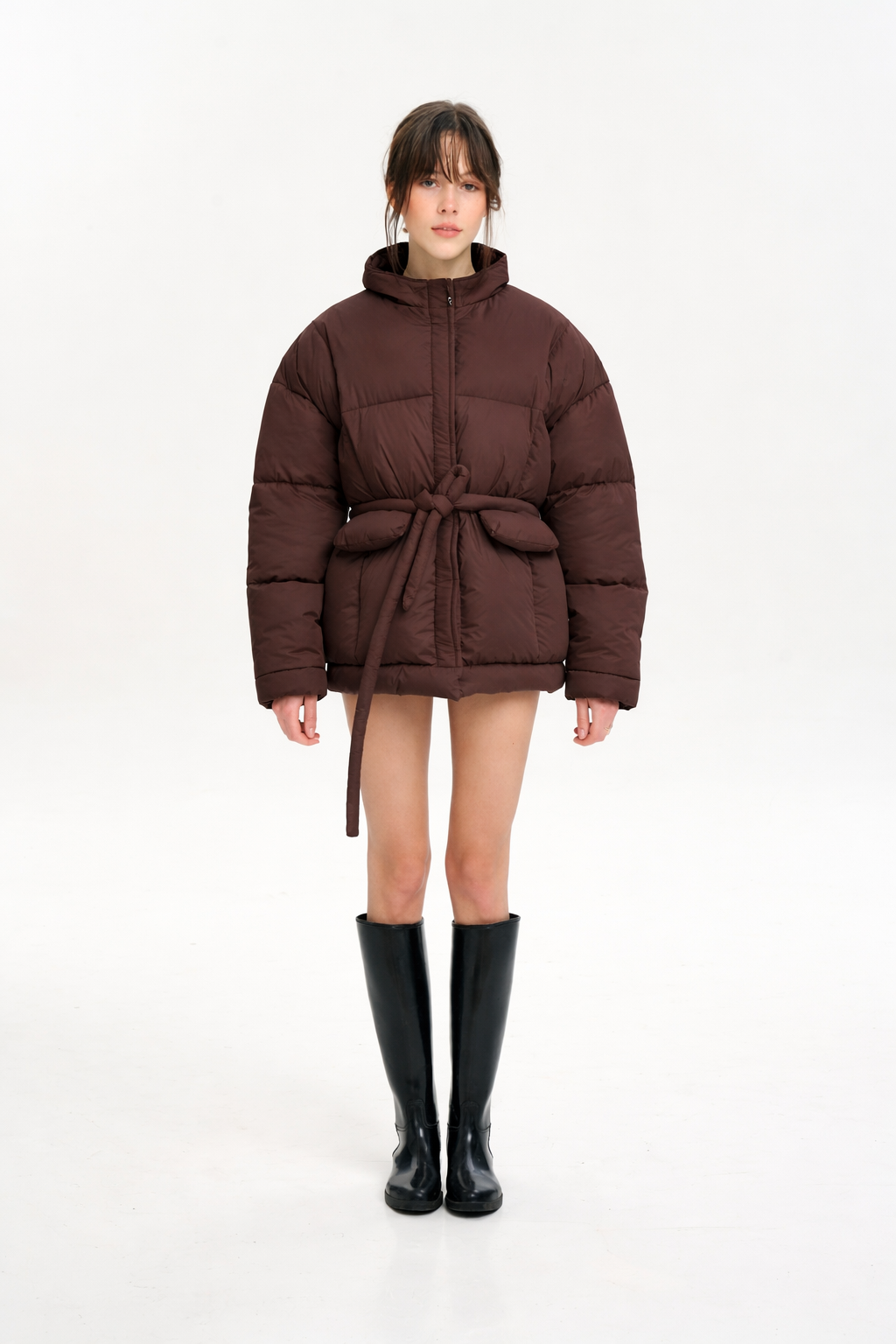 Brown Hooded Goose-Down Puffer Jacket with Bunny Scarf