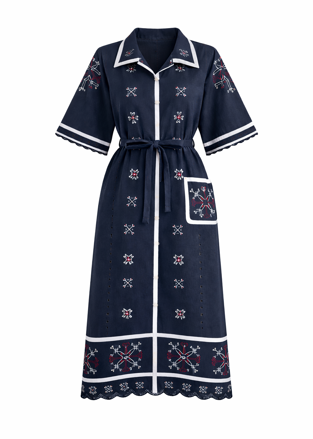 Dark Blue Embroidered Linen Maxi Dress with Short Sleeves – Edesia
