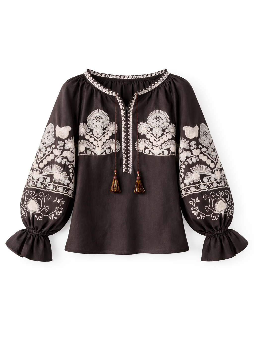 Embroidered Linen Blouse with Statement Sleeves – Petra