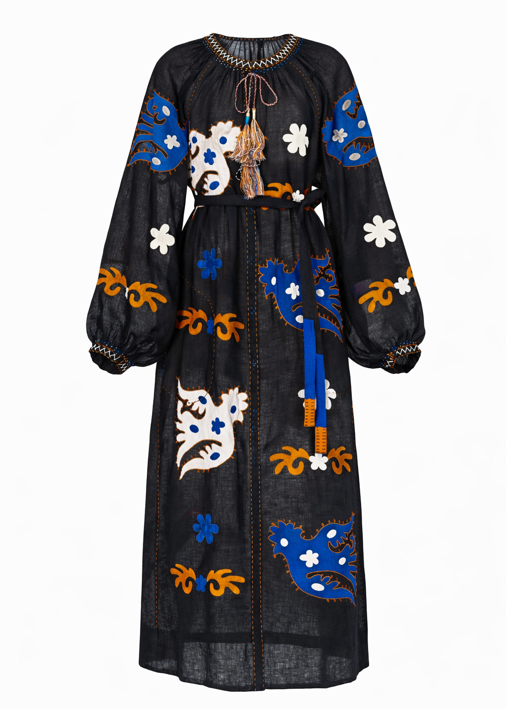 Natural Linen Midi Dress with Colorful Embroidery – Manarola