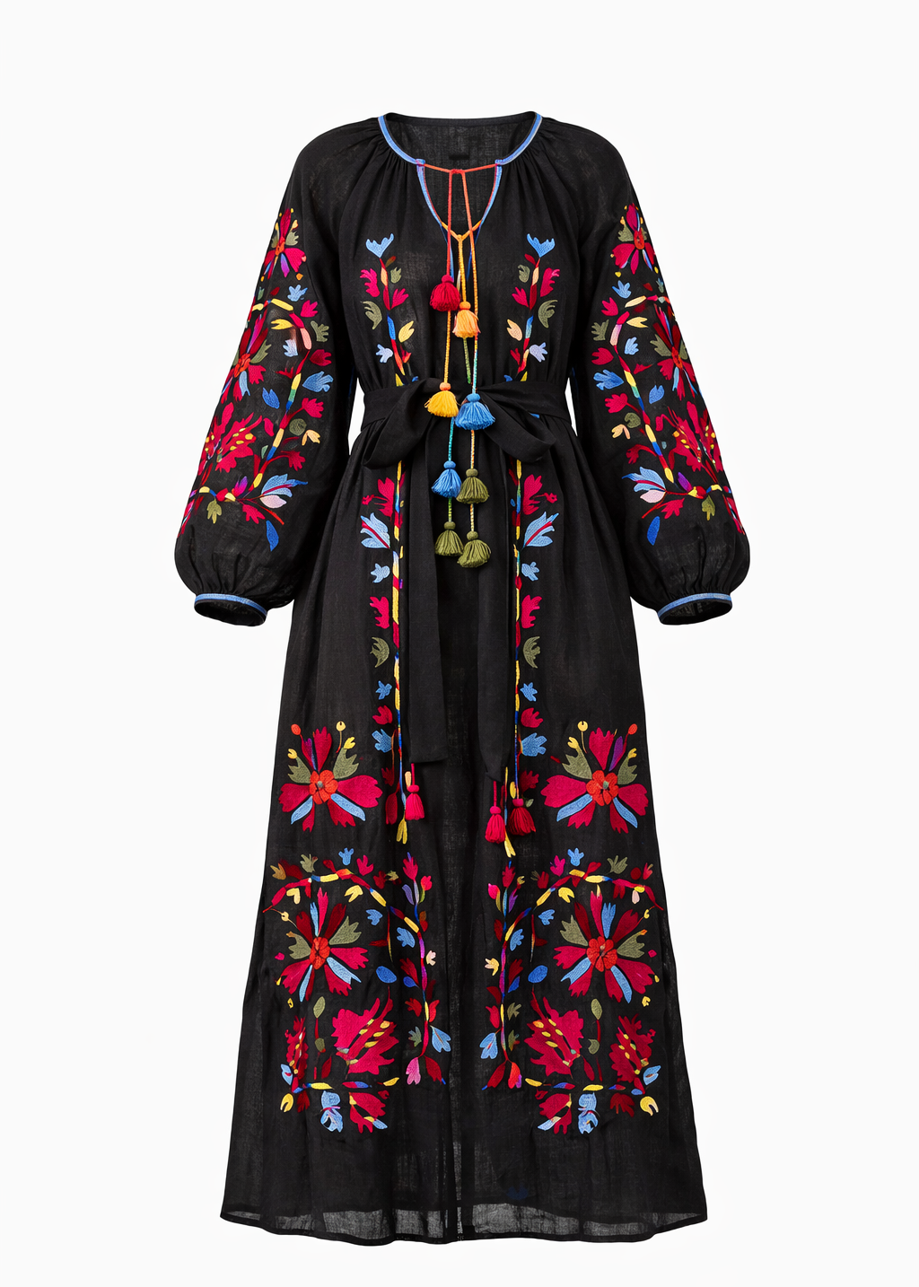 Black Linen Maxi Dress with Colorful Embroidery – Gloria