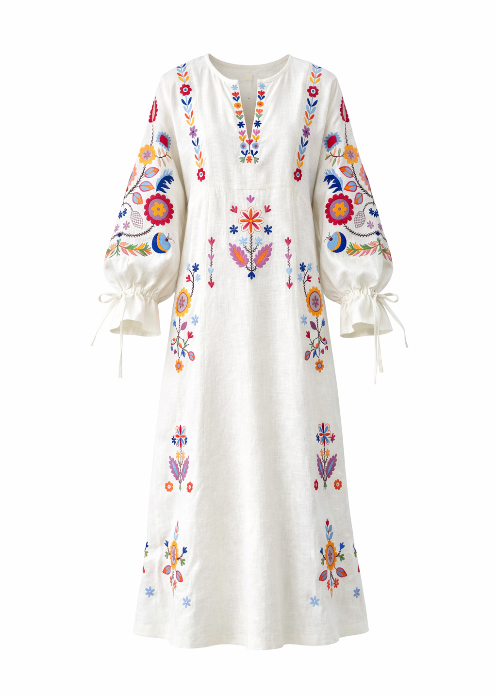 Rochia albă Sobachko cu flori colorate brodate