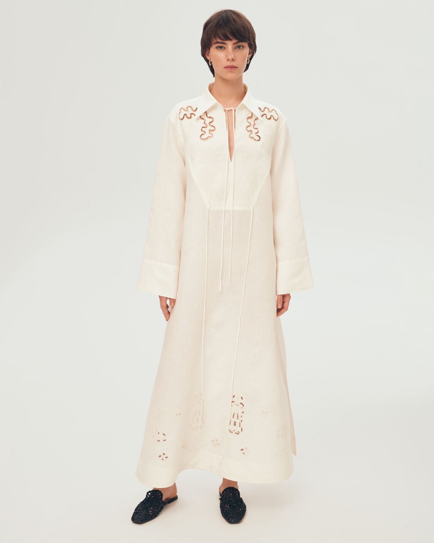 White Embroidered Linen Dress with Subtle Details – Onysiia