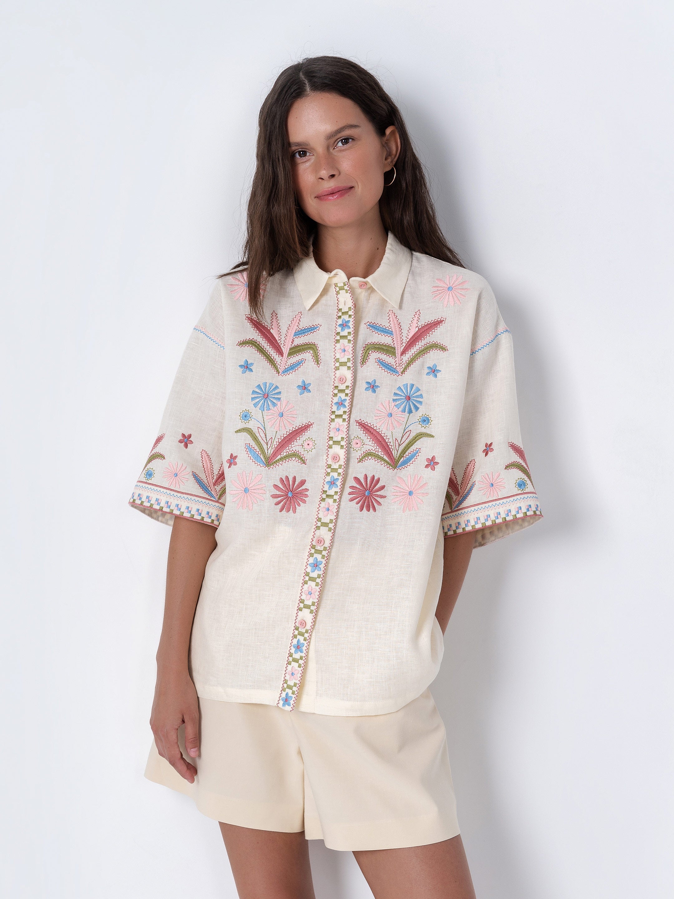 Linen Beige Shirt with Floral Embroidery - Veselka