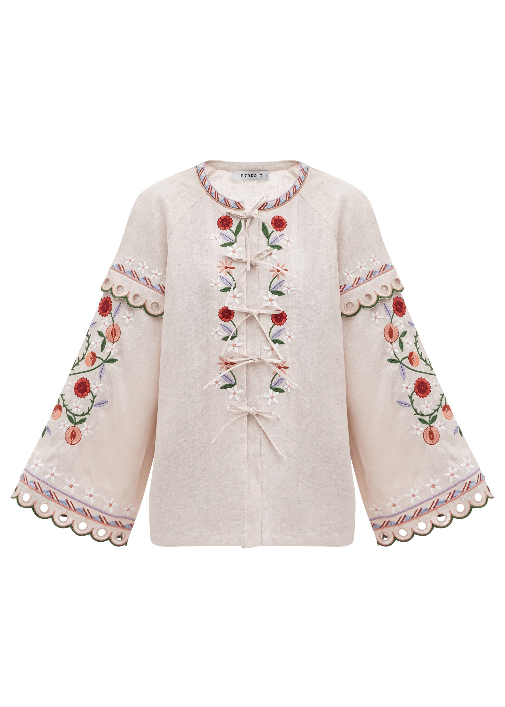 Bluza Abrykosy din in natural alb cu broderie abundentă