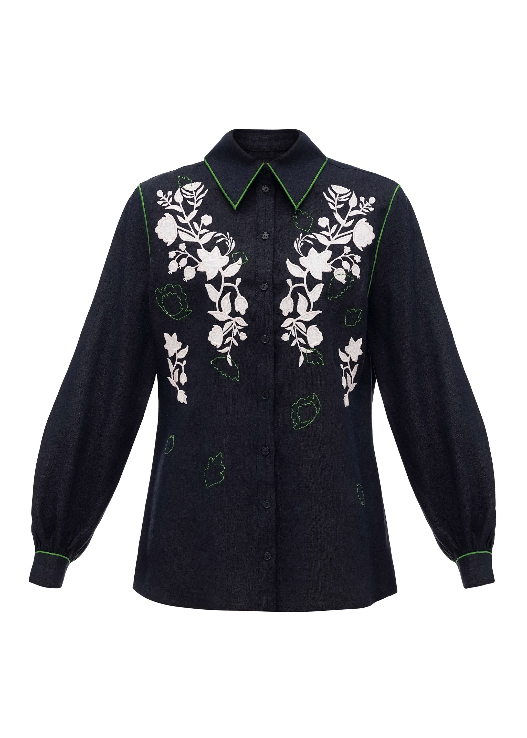 Elegant Black Linen Shirt with Tonal White Embroidery – Zhuravlyna
