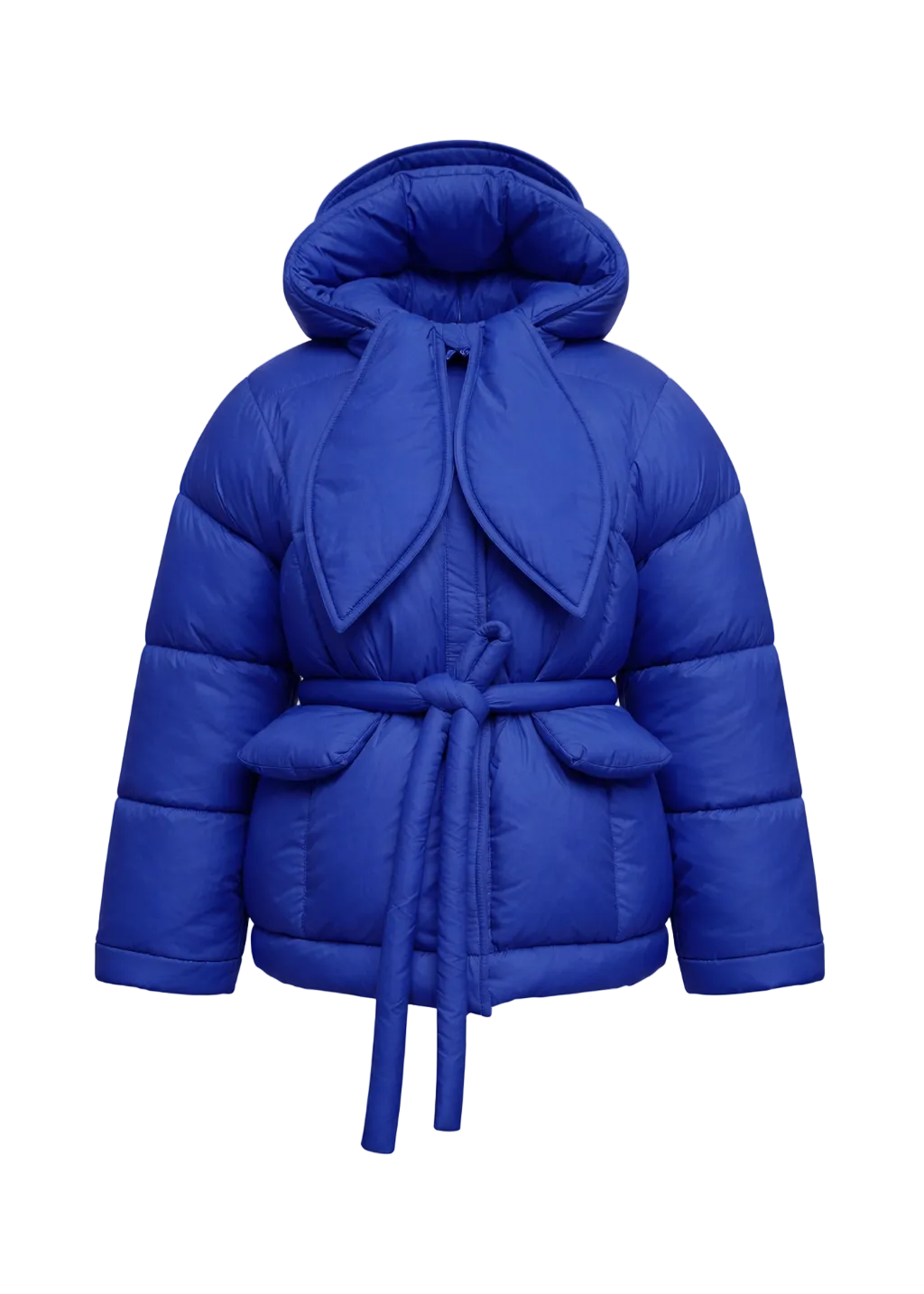 Blue puffer jacket with a hood on a white background