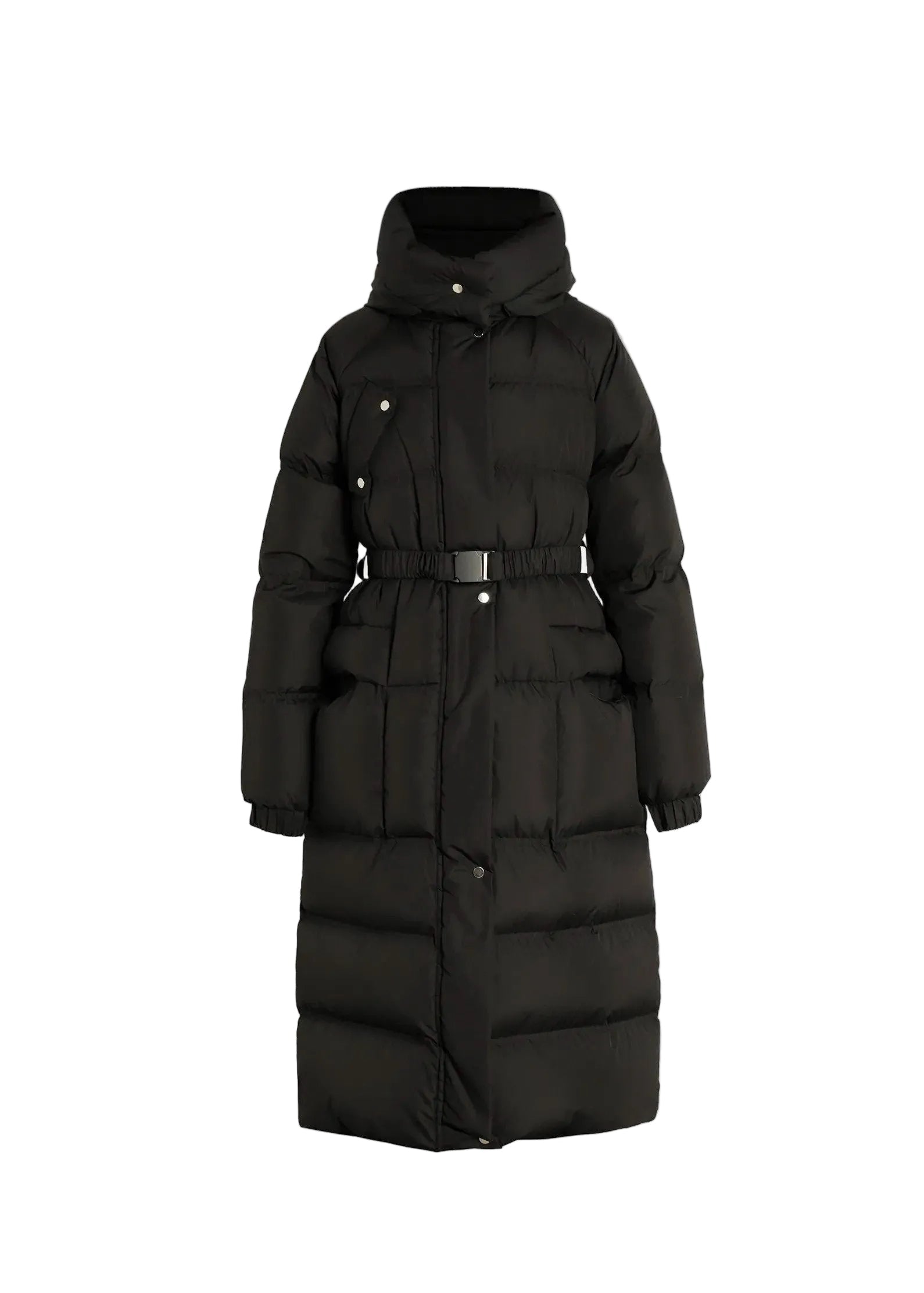Black puffer coat with a belt on a white background