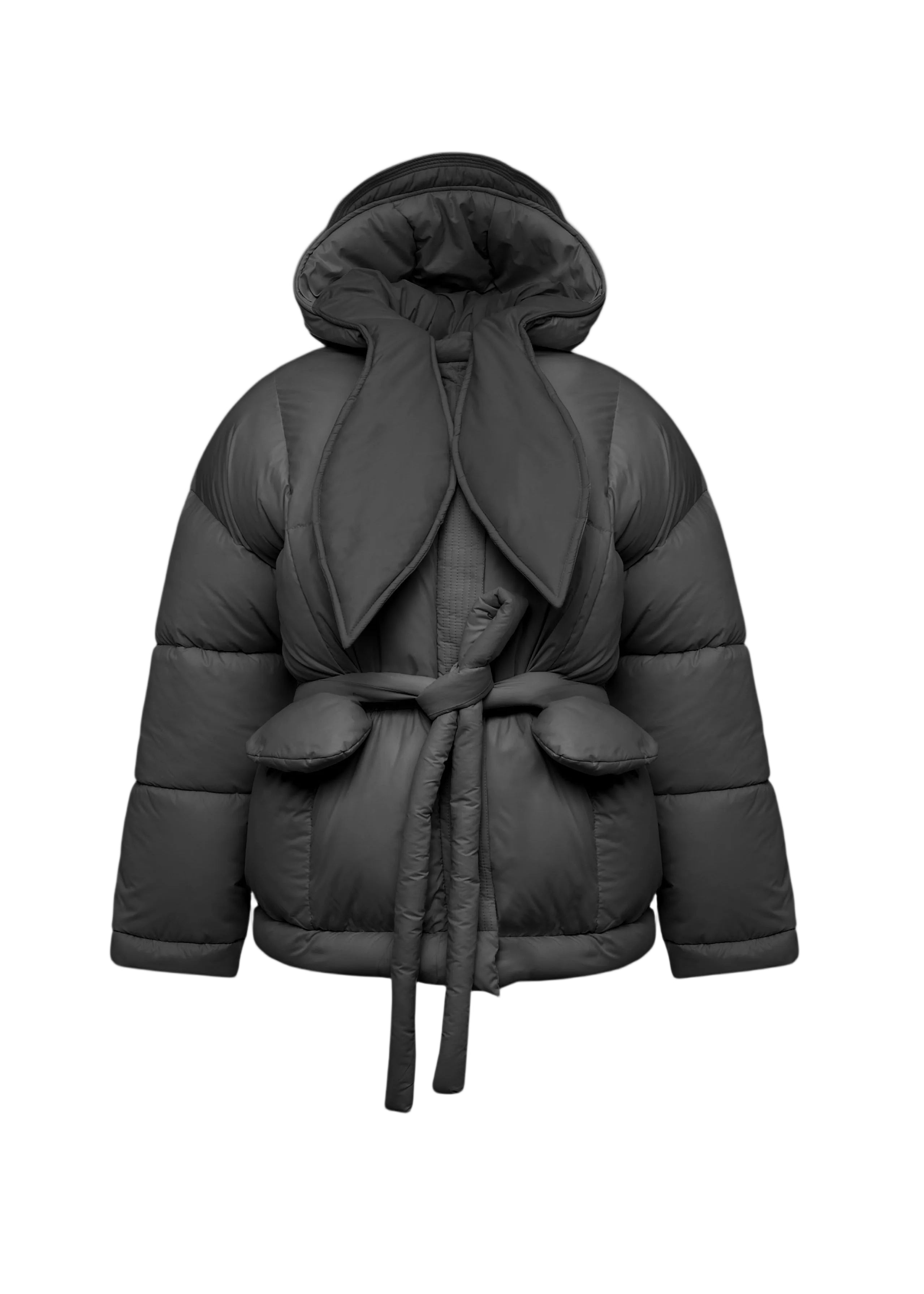 Black Hooded Goose-Down Puffer Jacket with Bunny Scarf