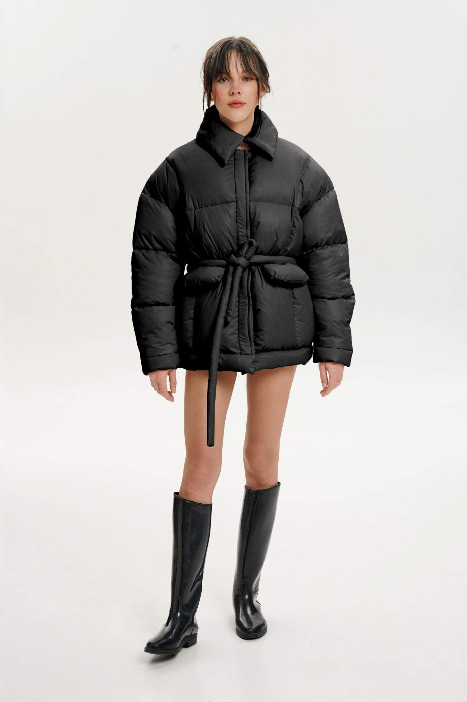 Black Hooded Goose-Down Puffer Jacket with Bunny Scarf