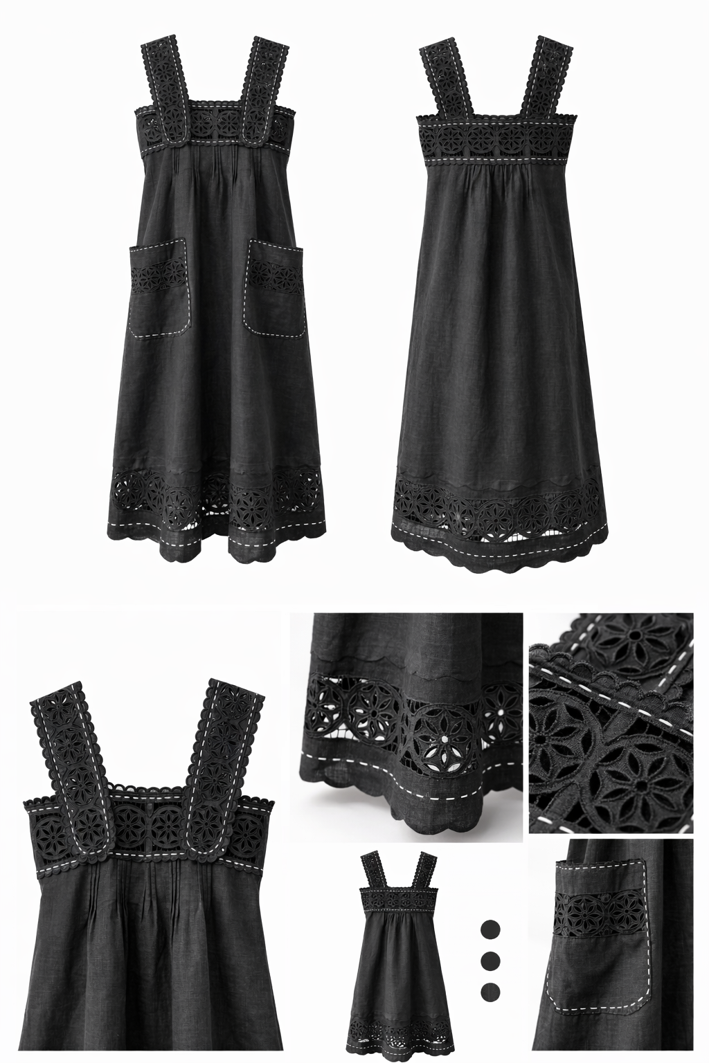 Embroidered Black Linen Dress with Wide Straps – Olympe