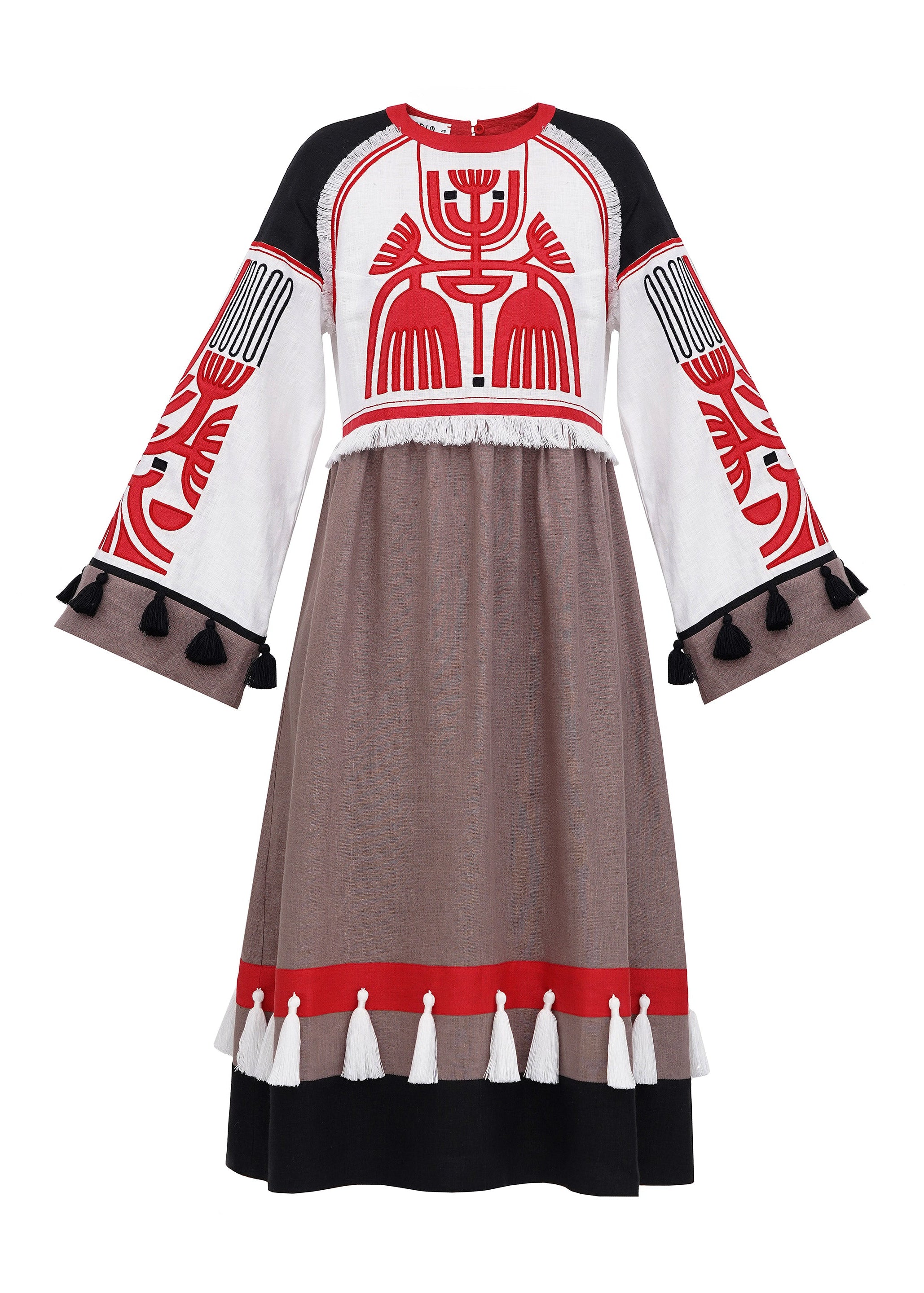 Rochia Icon Red din in natural cu aplicatii colorate