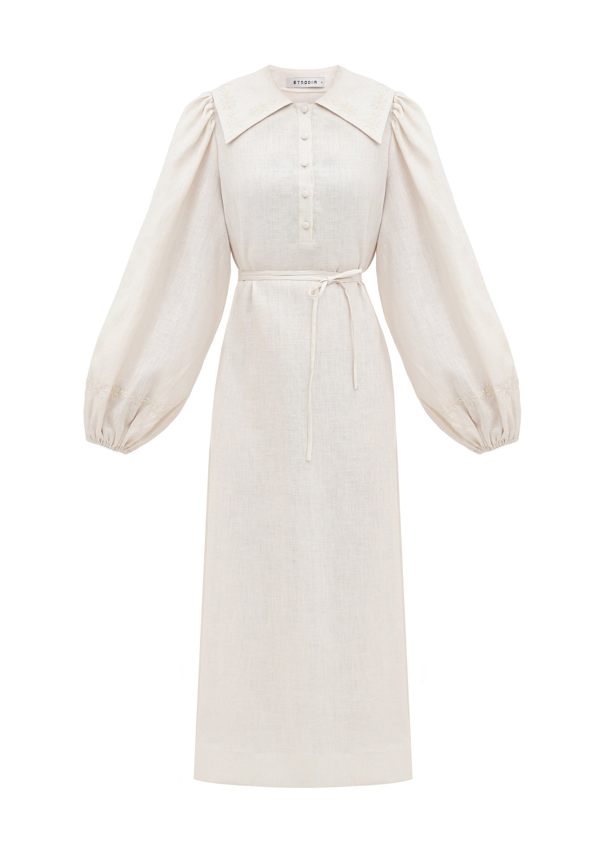 Light Beige Linen Dress with Embroidered Floral Motifs – Pervotsvit