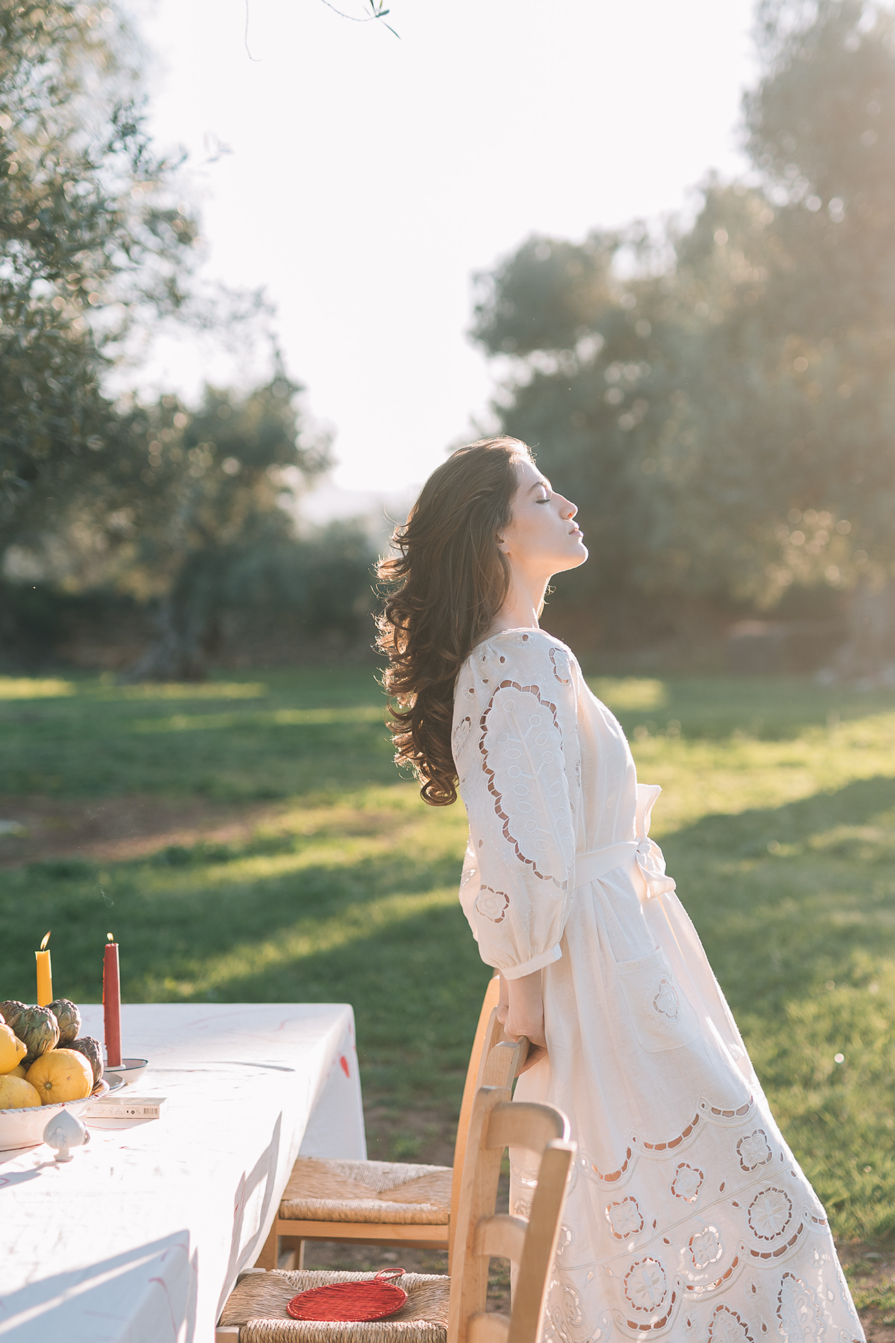 Embroidered midi linen ivrory dress with ornaments Laetitia