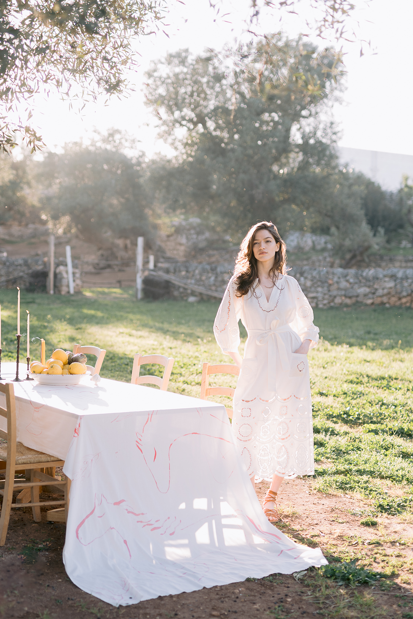 Embroidered midi linen ivrory dress with ornaments Laetitia