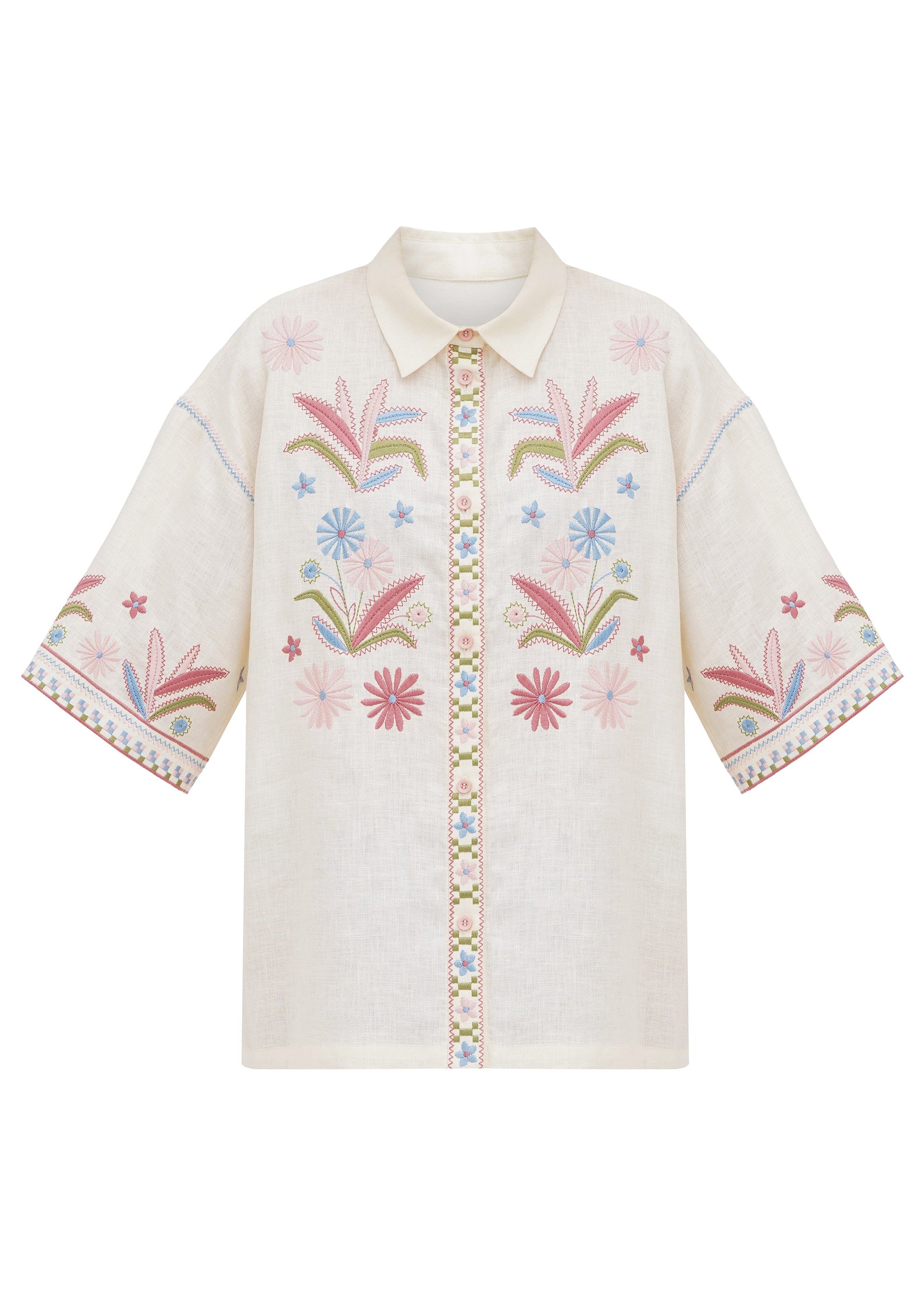 Linen Beige Shirt with Floral Embroidery - Veselka