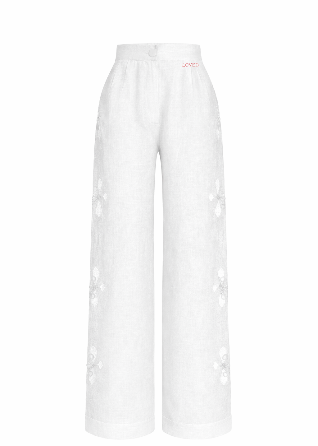 White pants with cut-out design on a white background