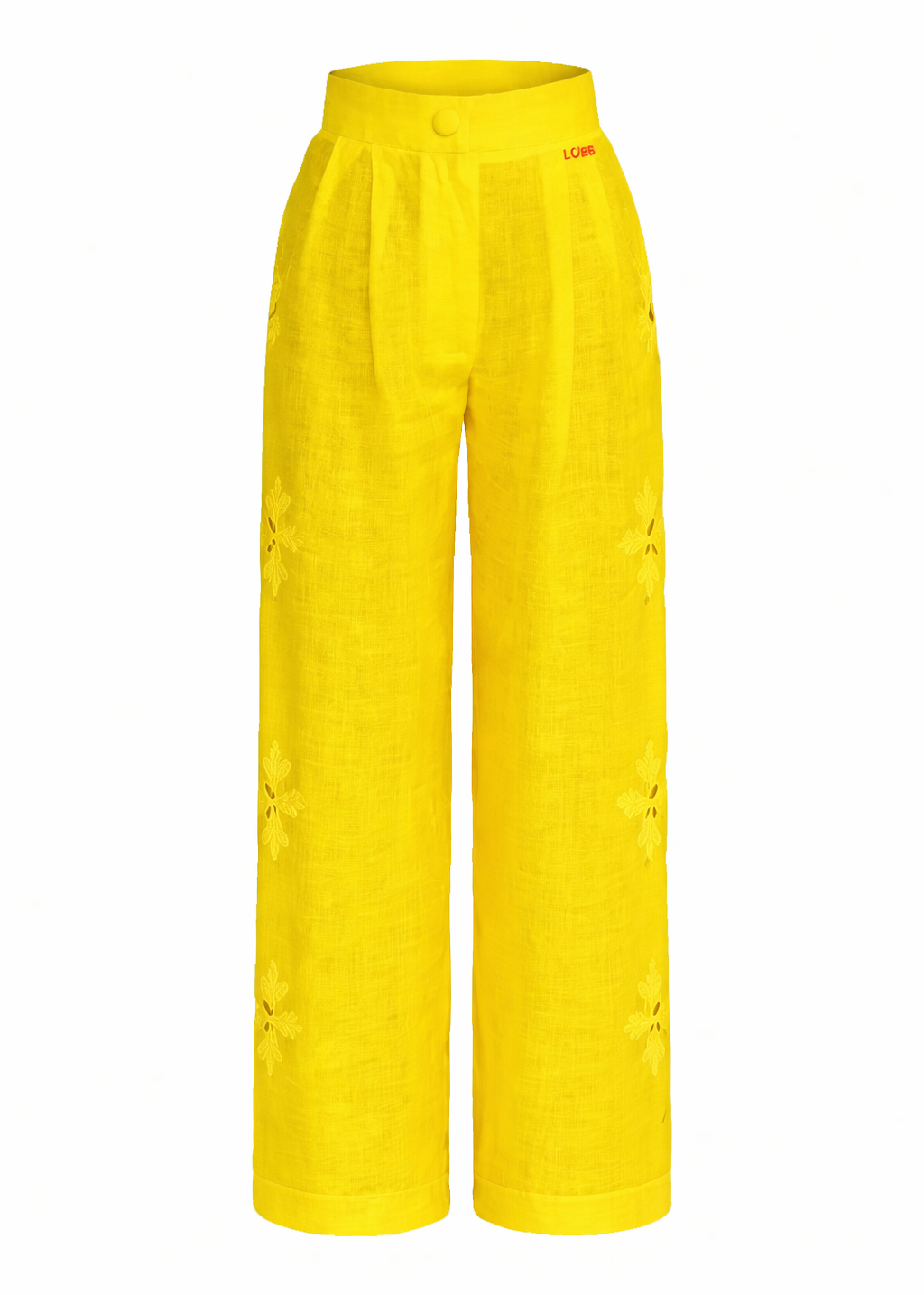 Pantaloni lungi galbeni din in cu decupaje