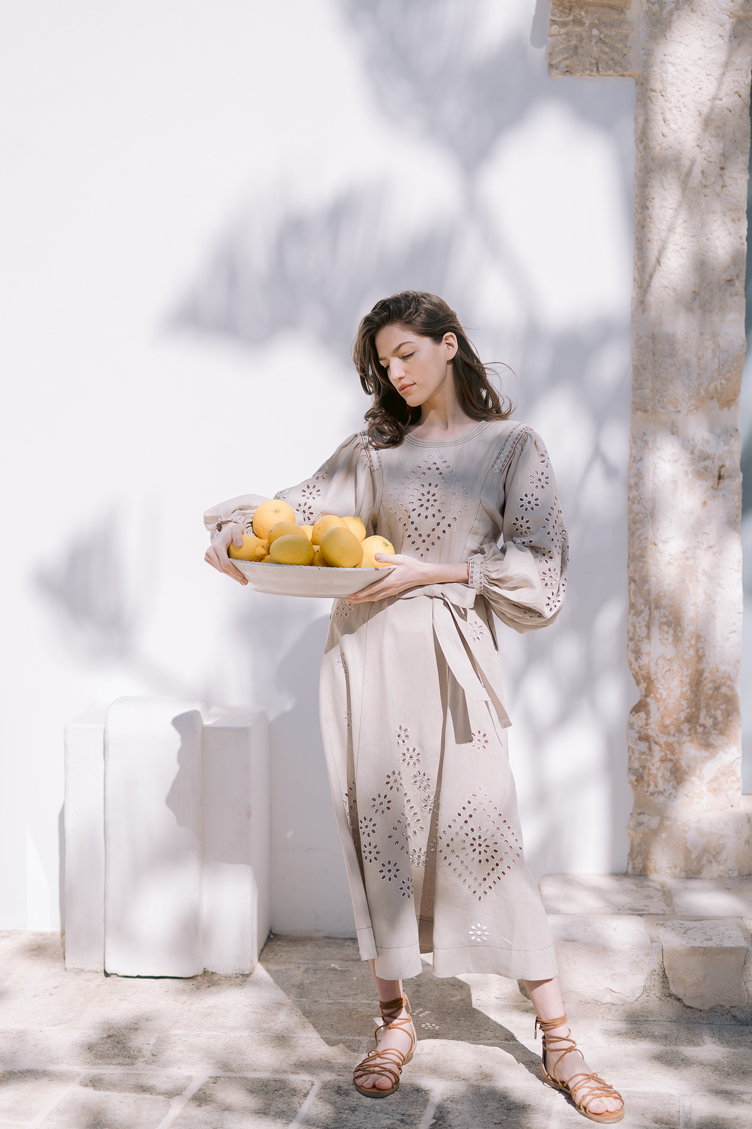 Embroidered Maxi Linen Dress with Voluminous Sleeves - Sashenka