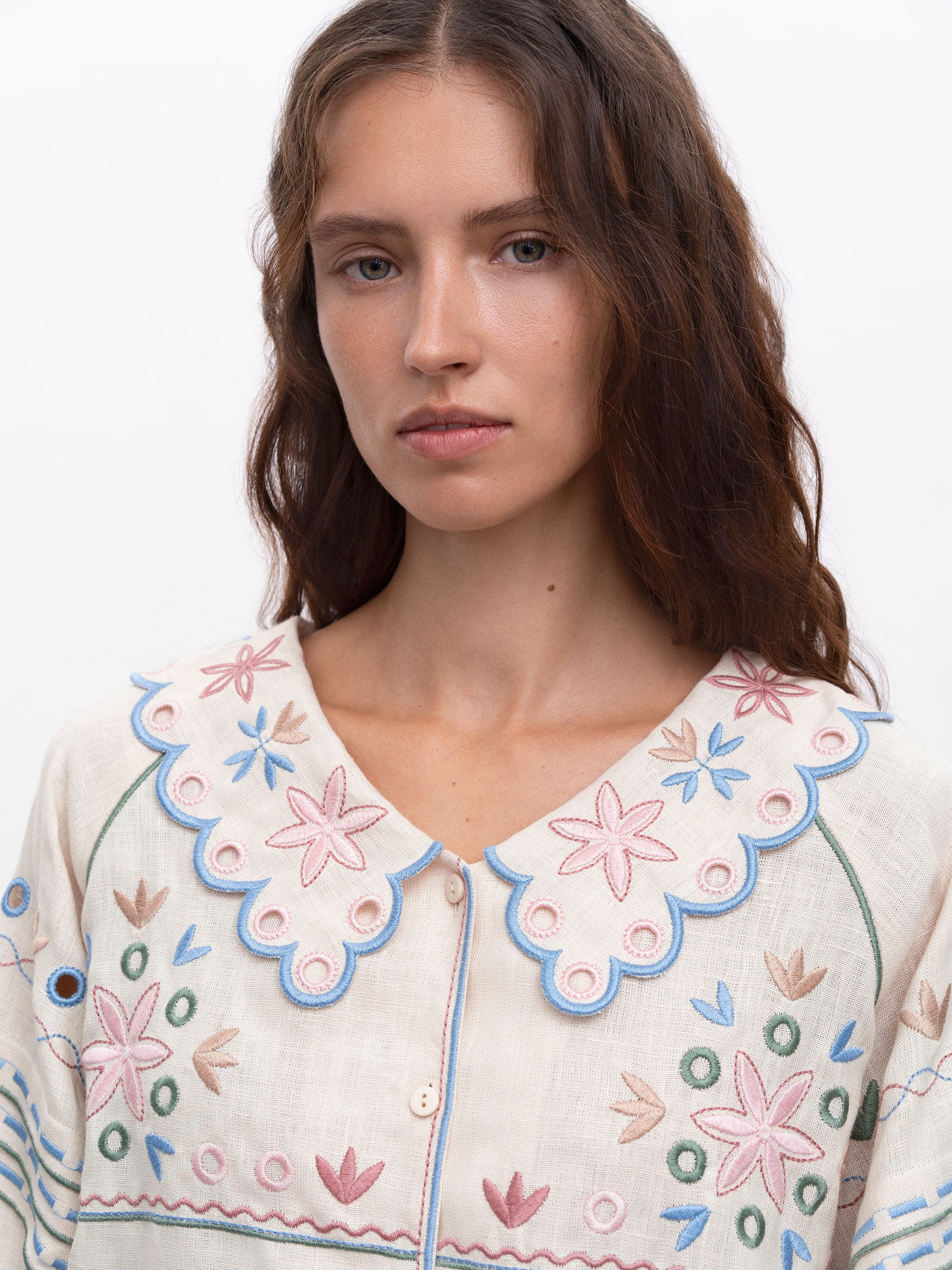 Embroidered Beige Linen Shirt - Bandura