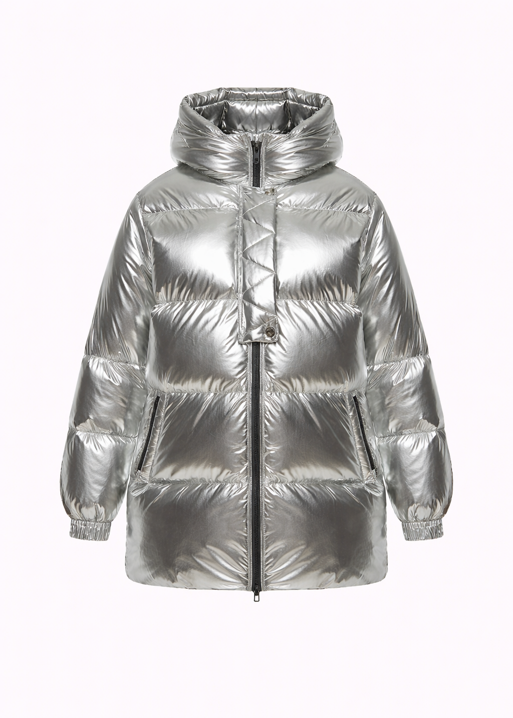 Silver puffer jacket on a white background