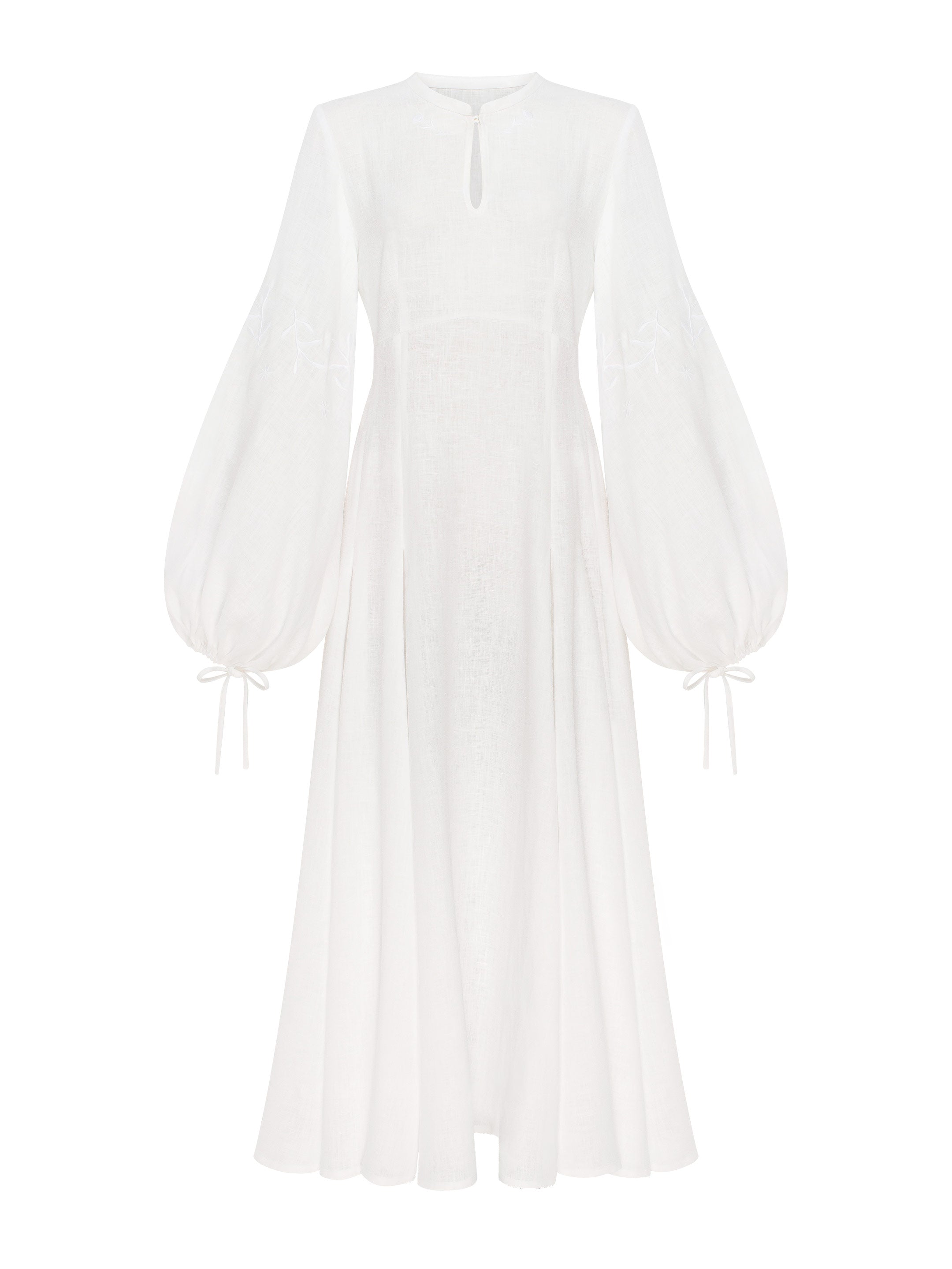 Bridal Linen Dress in Pure White with Embroidered Accents – Dew