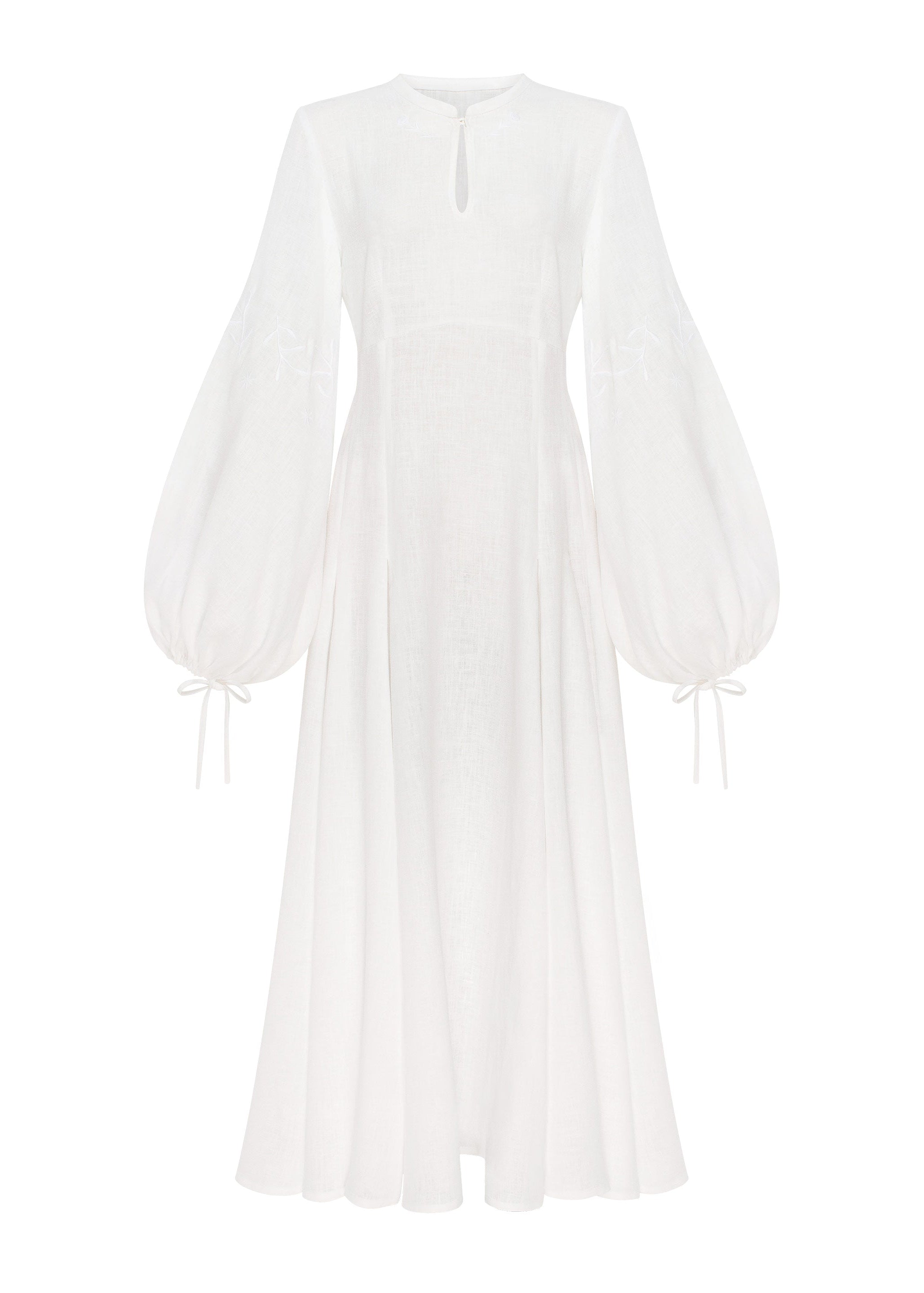 Bridal Linen Dress in Pure White with Embroidered Accents – Dew