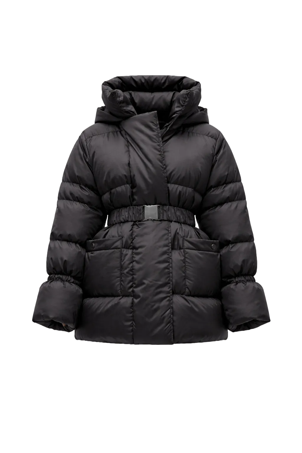 Black Goose-Down Puffer Coat with Adjustable Waist – Winterfall